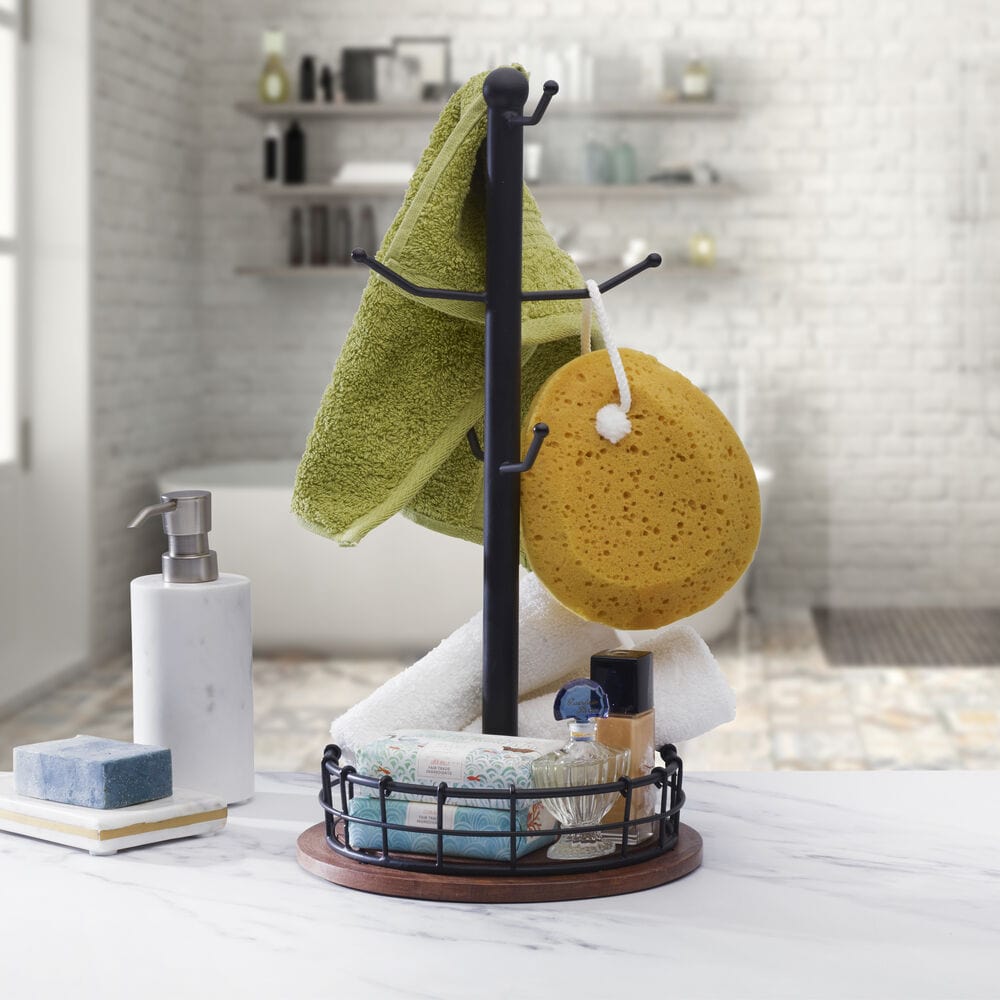 Side view of the metal mug rack for countertop, demonstrating its sleek black wire design.