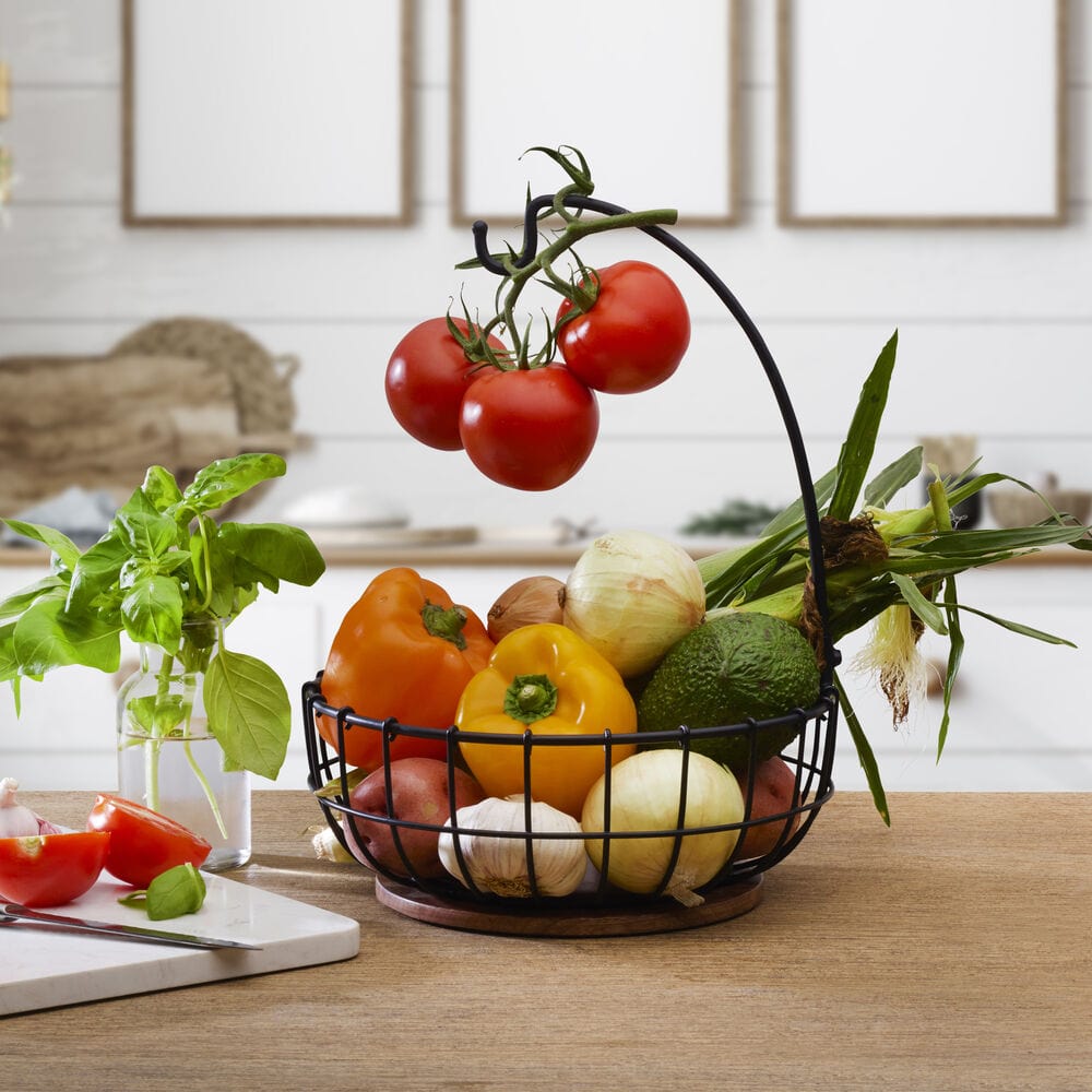 Stylish kitchen organizer basket with open wire design and natural wood platform