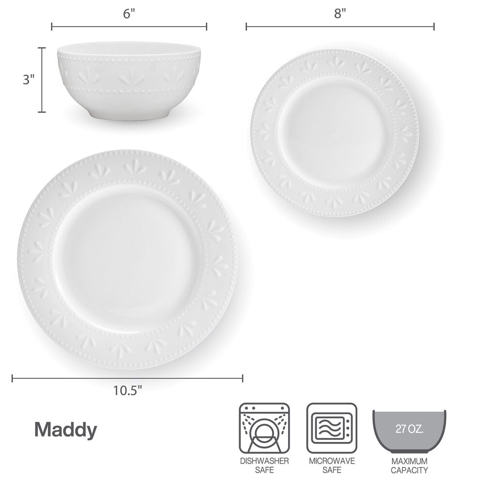 Close-up of embossed beaded rims on porcelain dinnerware set for four