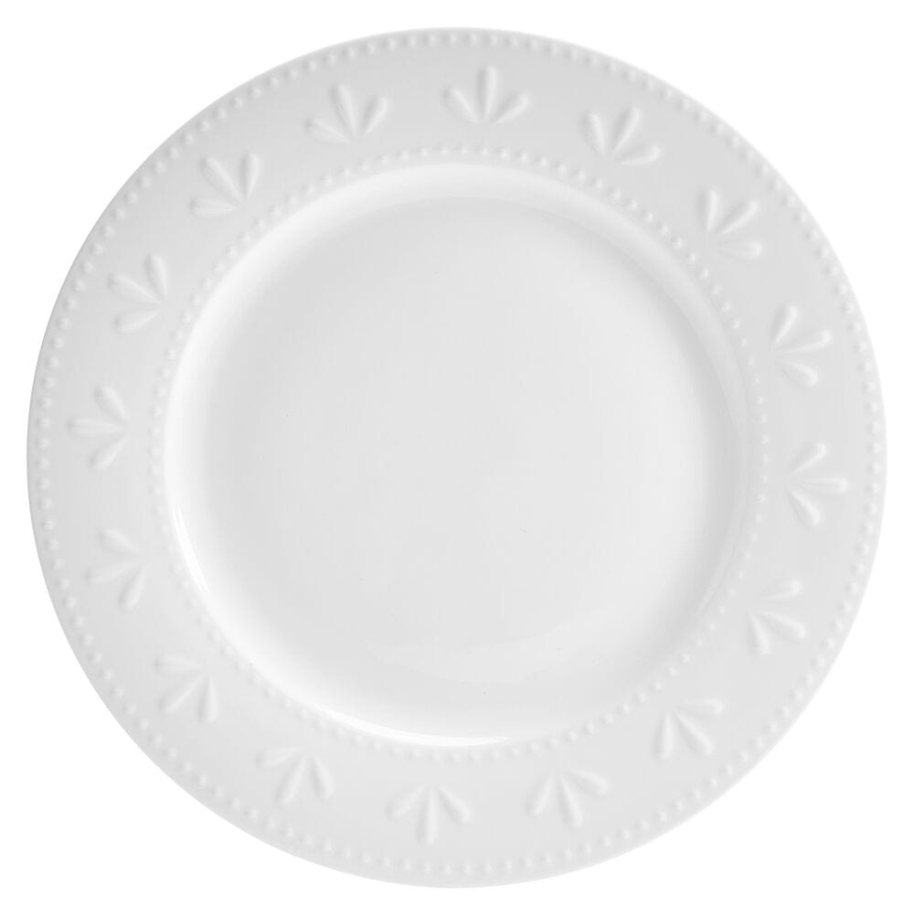 Elegant porcelain dinnerware set with embossed rims for four, perfect for special occasions