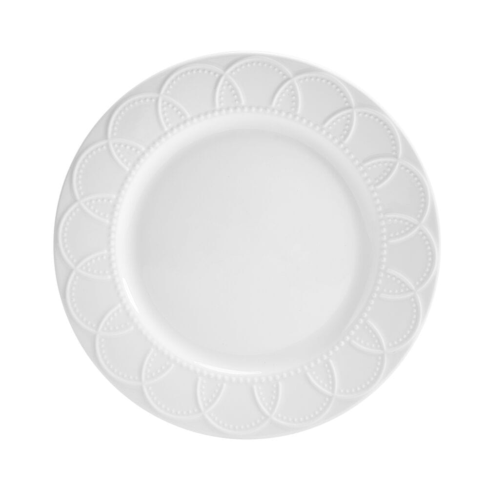 Modern white dinnerware set for everyday use, including dinner plates and salad plates