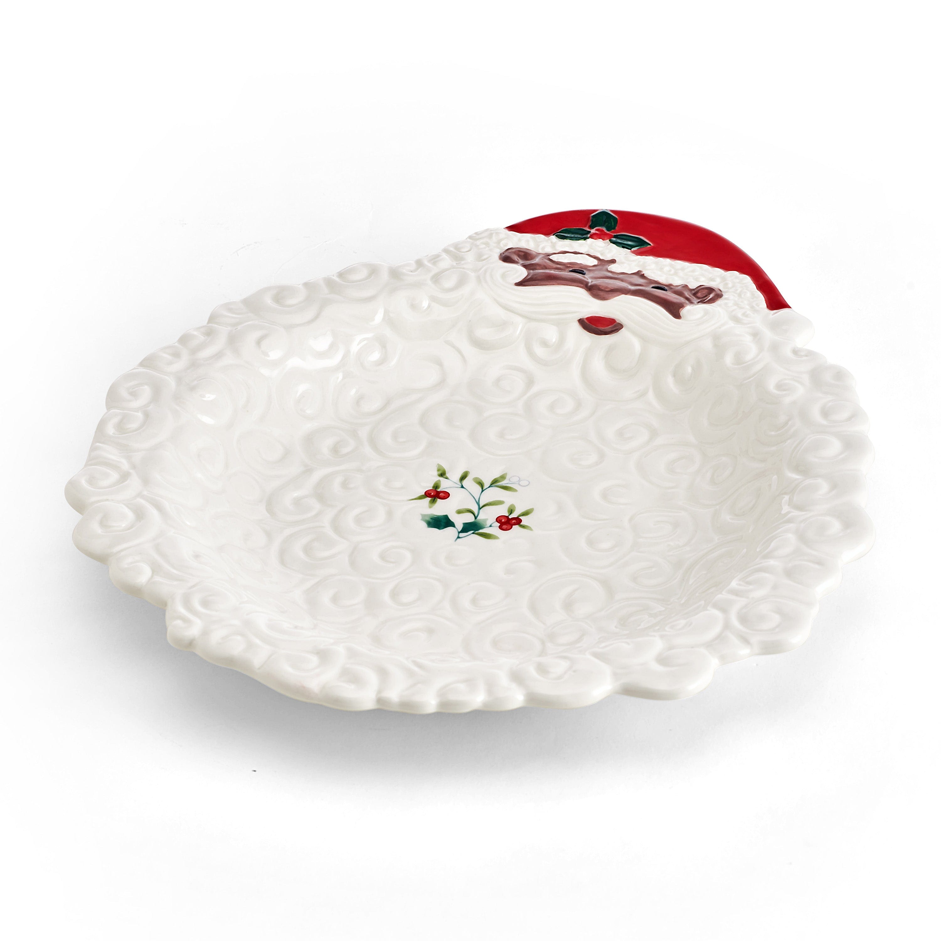 Close-up of African American Santa decor on Christmas platter with sculpted beard