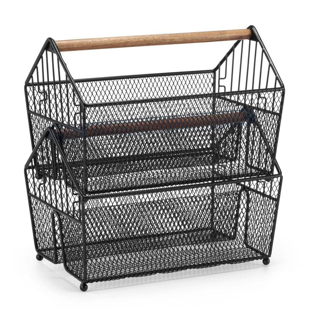 Black wire baskets with acacia wood handles in living room decor