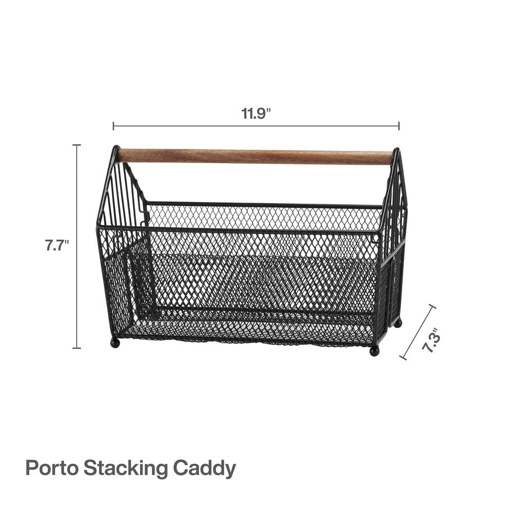 Stacked wire baskets in modern kitchen for organization