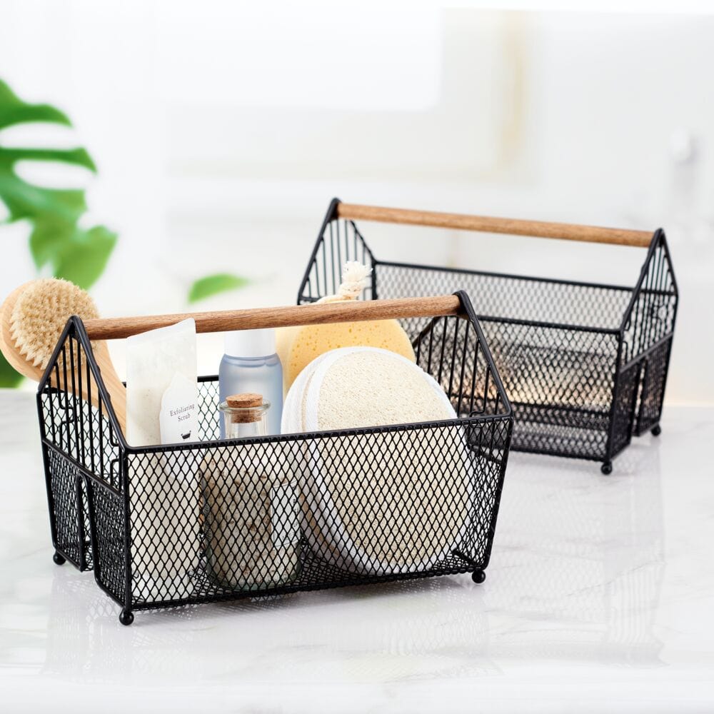 Stacked wire baskets in modern kitchen for organization