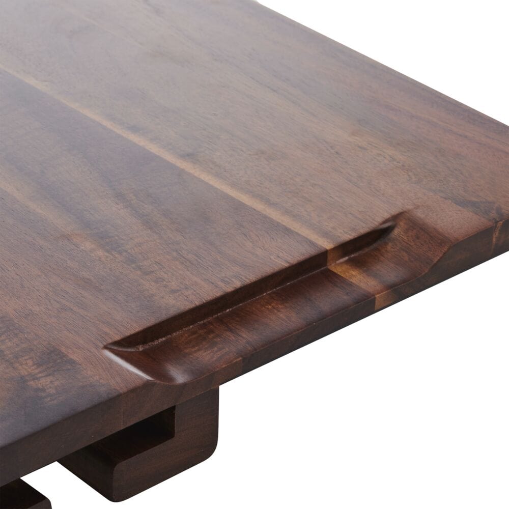Close-up of acacia wood tray with wine glasses and cheese for entertaining