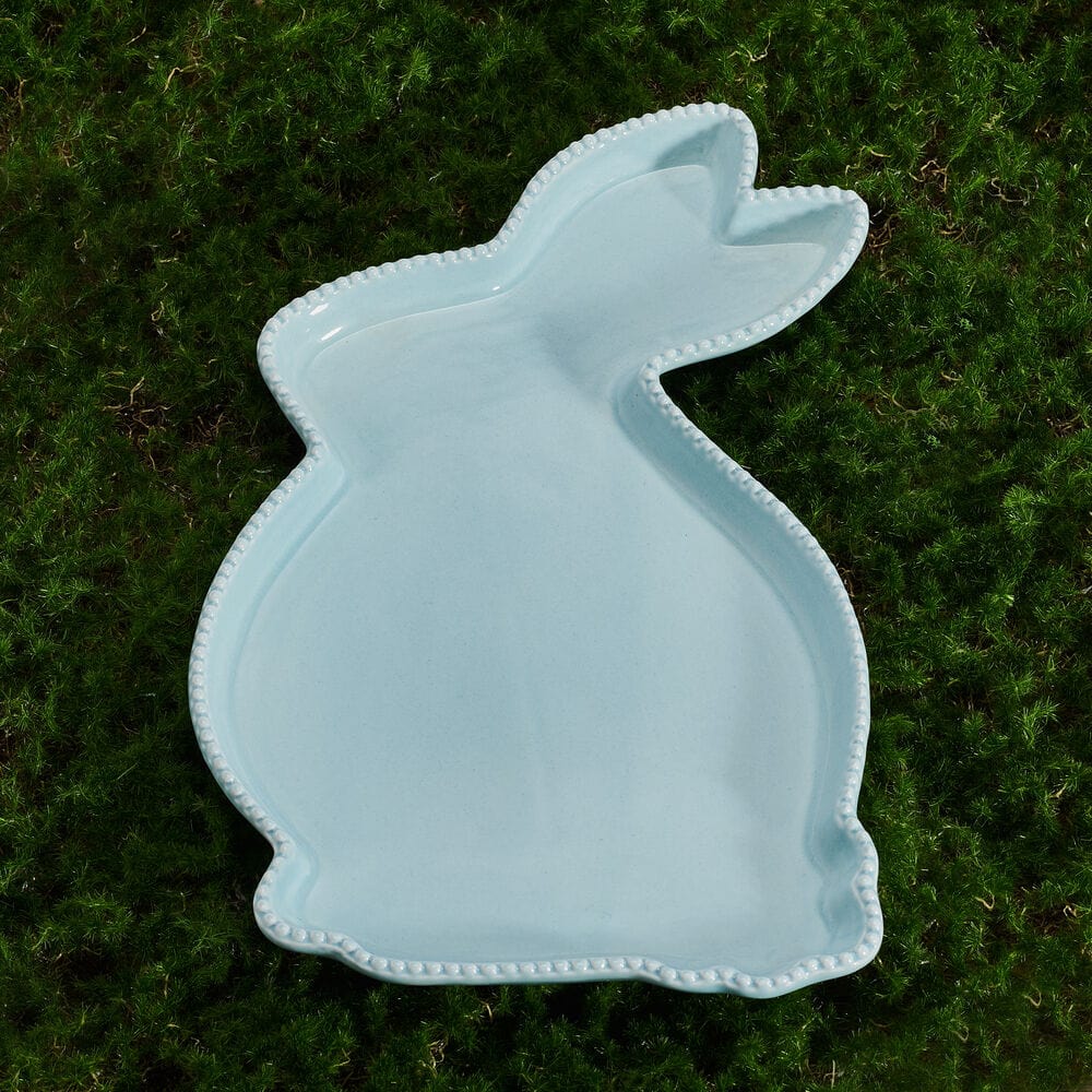 Large bunny serve platter for parties, displayed with colorful Easter treats.