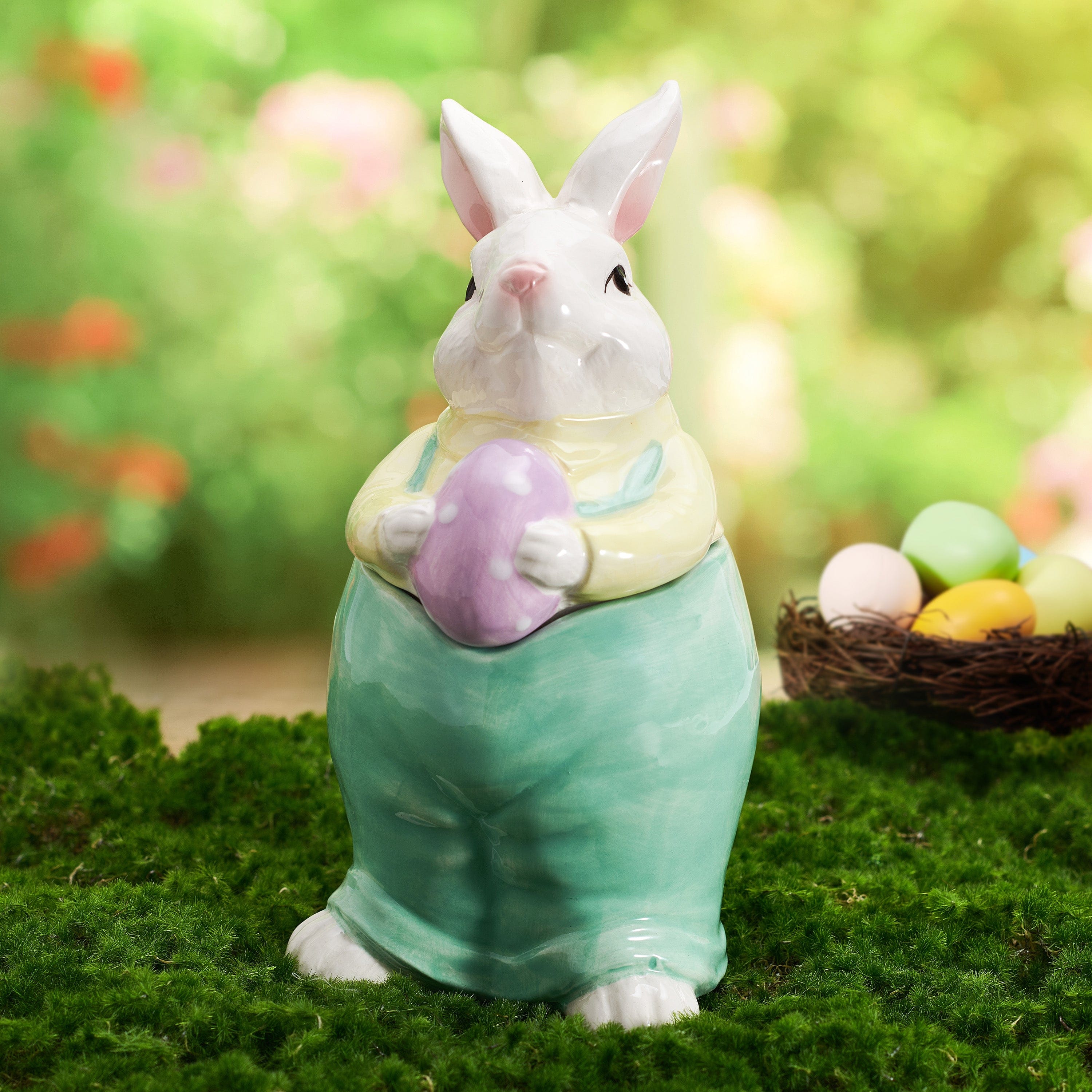 Close-up of the Charming Easter Bunny Cookie Jar filled with cookies, ideal for kids.