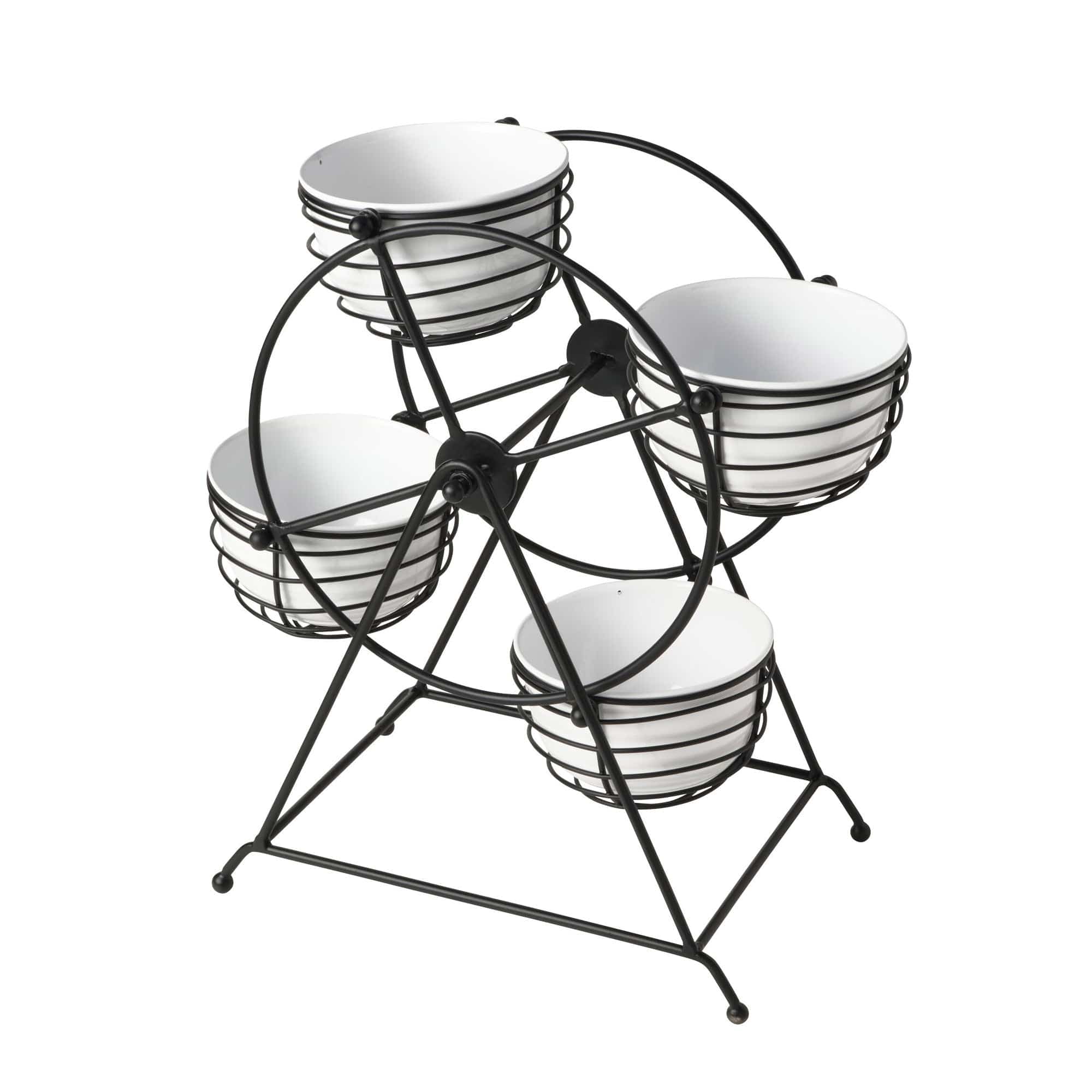 Close-up of the elegant design of the Ferris Wheel caddy with white bowls.