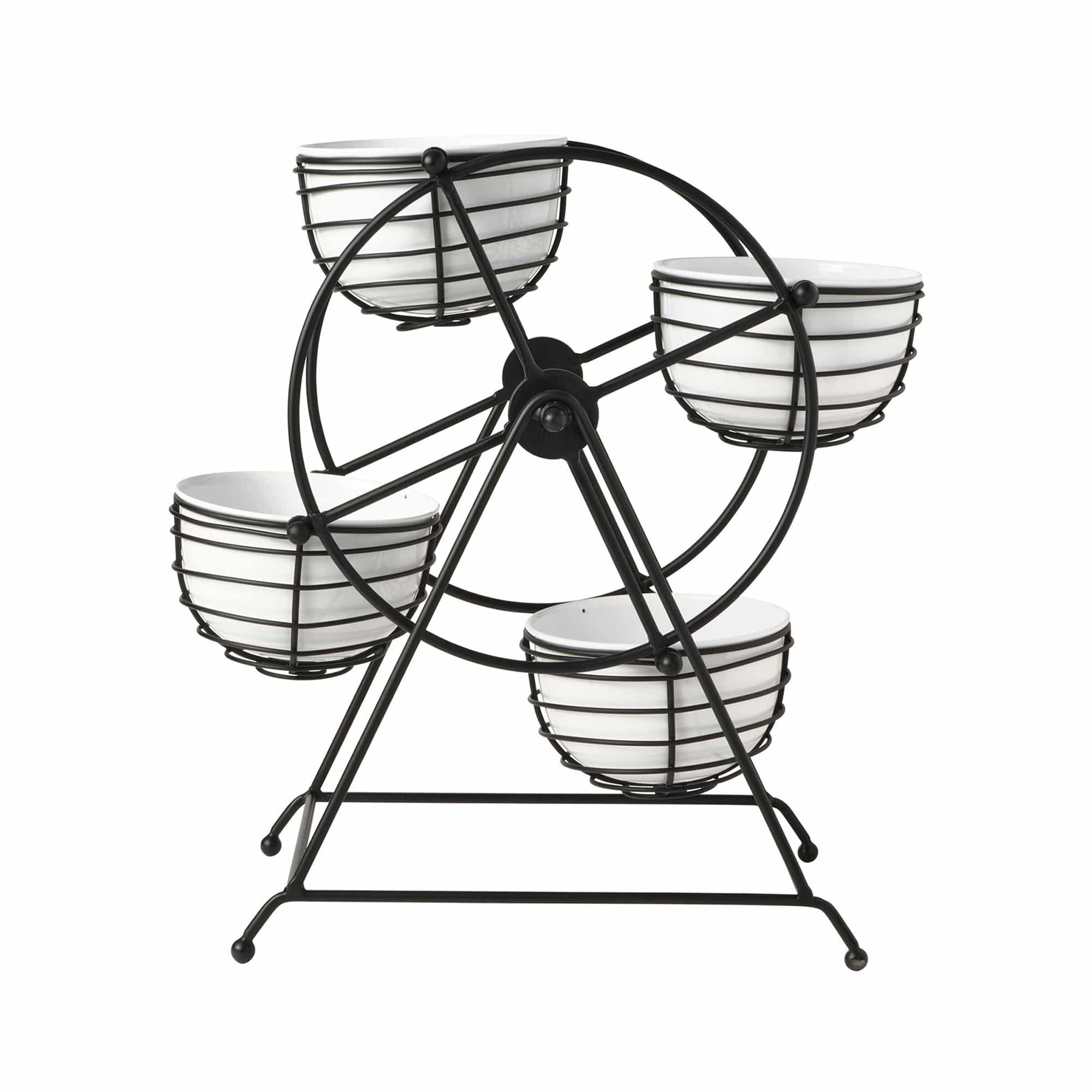 Rotating Ferris Wheel serving caddy showcasing dip bowls filled with condiments.