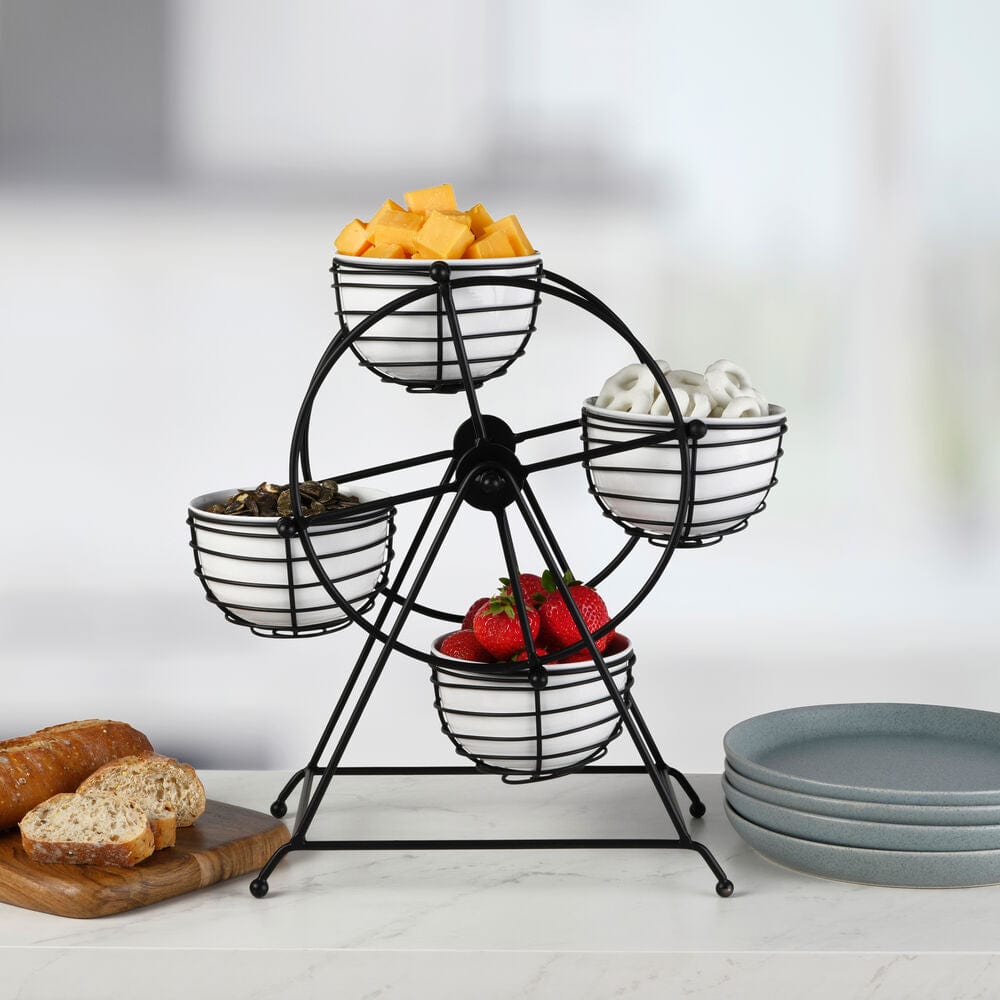 Rotating Ferris Wheel serving caddy showcasing dip bowls filled with condiments.