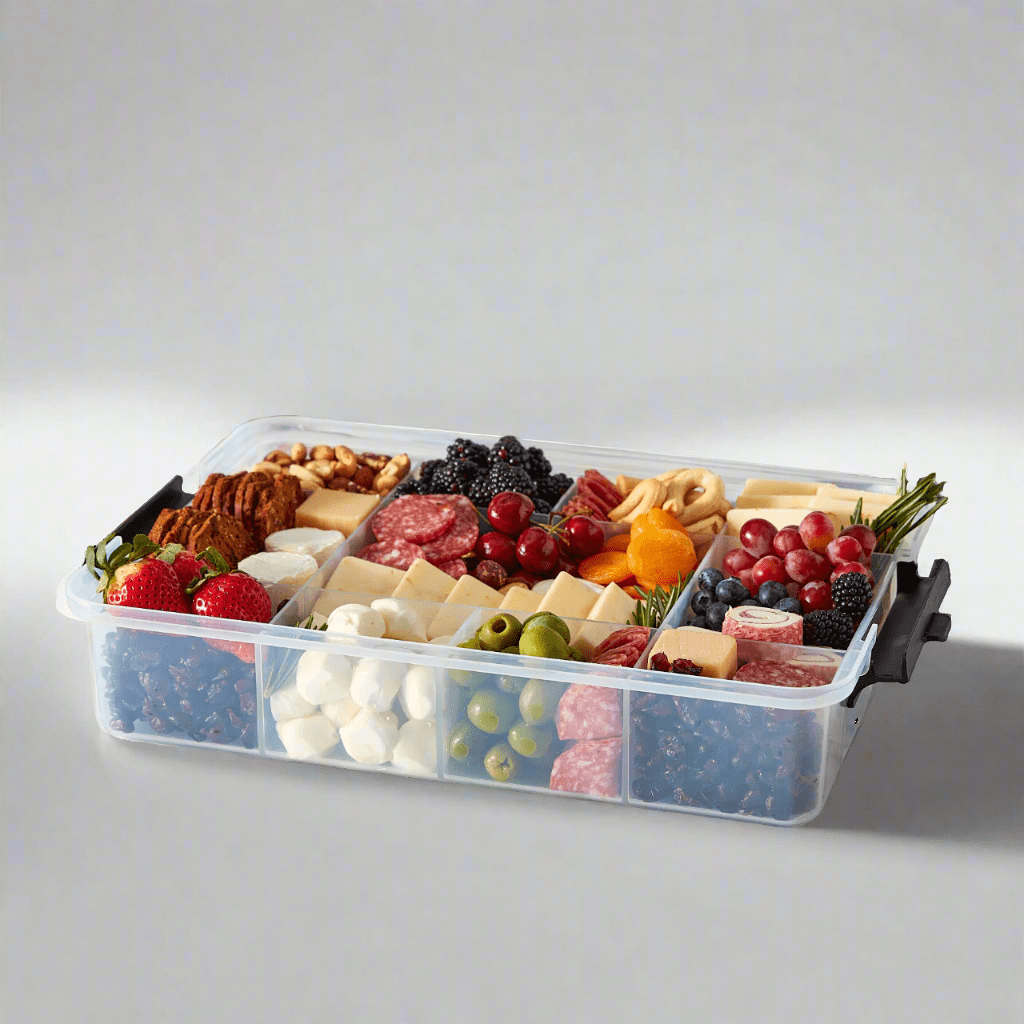 Person using the reversible cutting board lid for food prep on the go