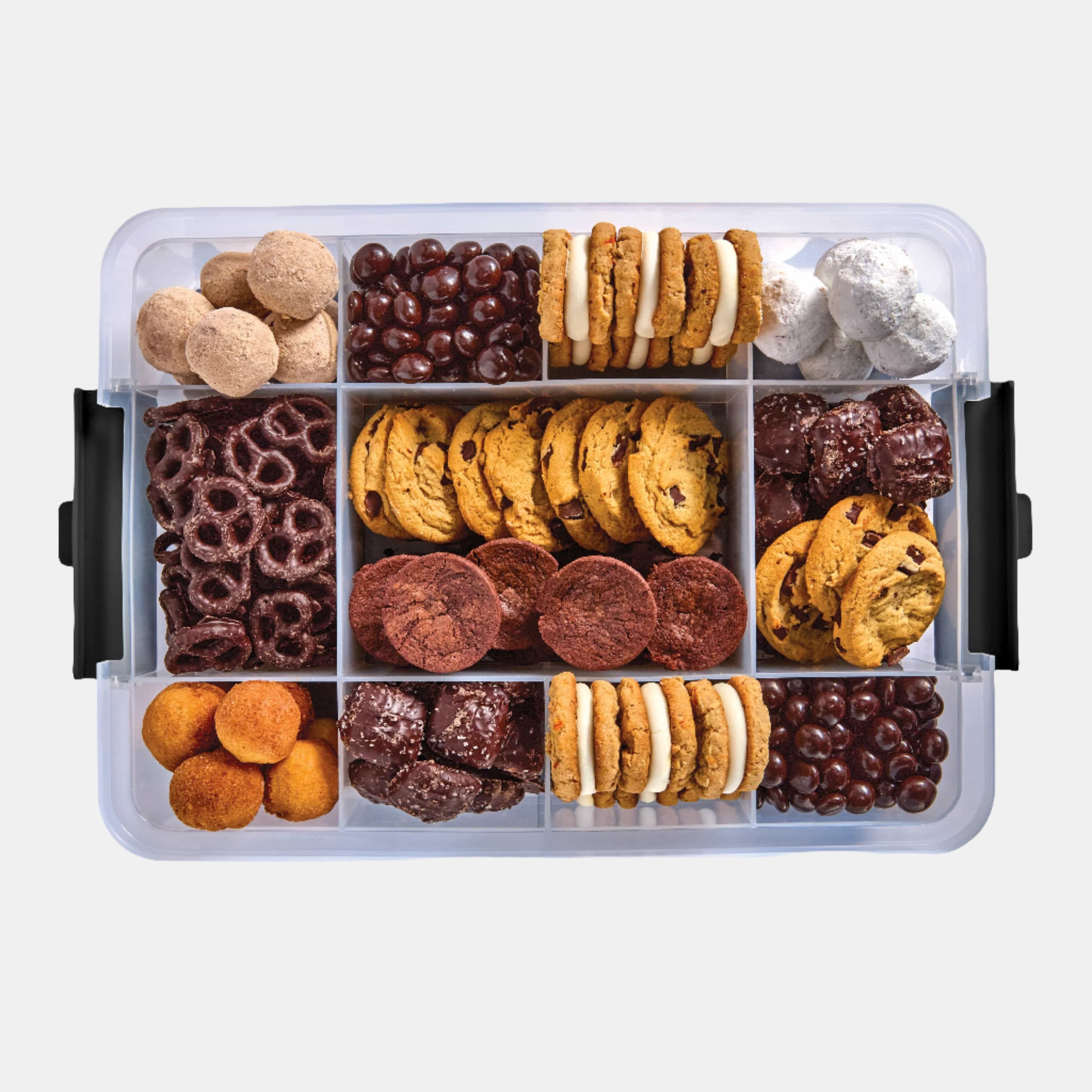 Close-up of Farberware Build-A-Board with locking lid and compartments for snack storage