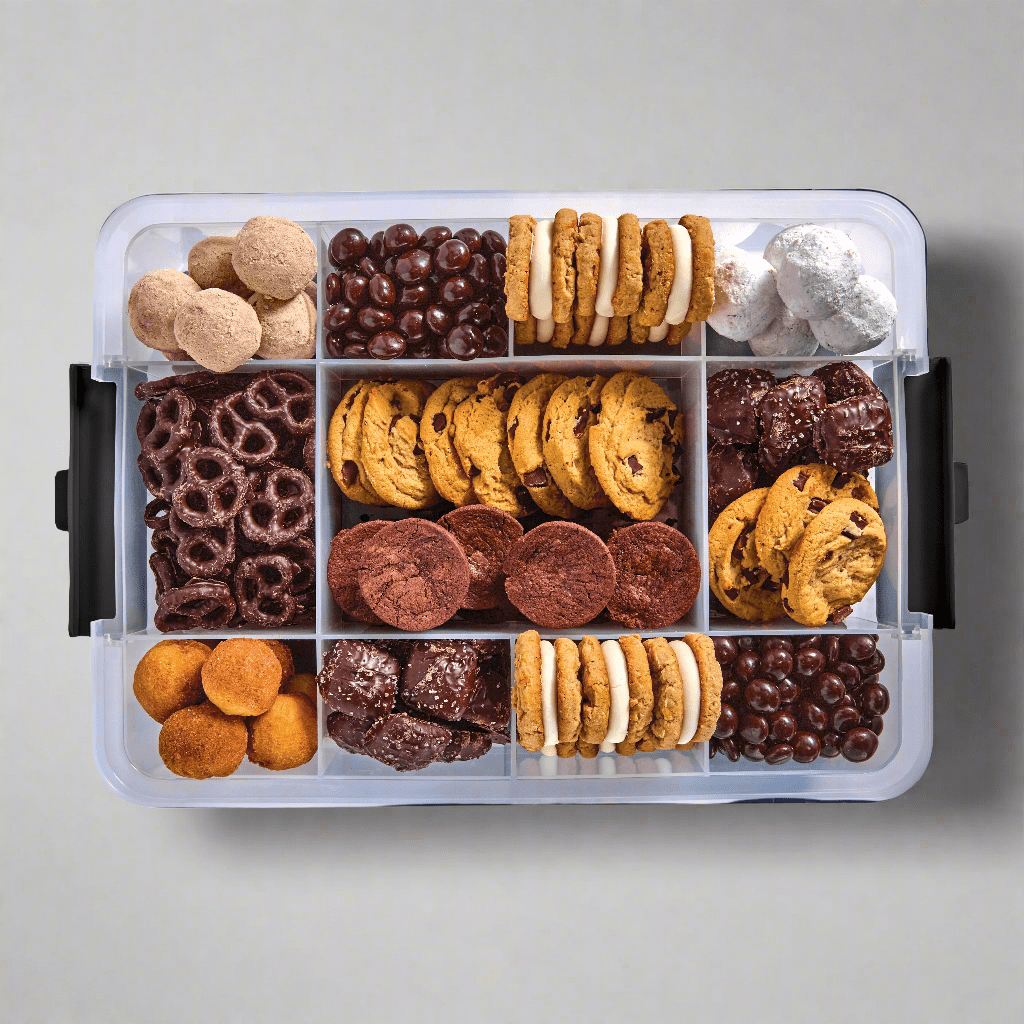 Organized snack compartments filled with fruits, cheese, and crackers