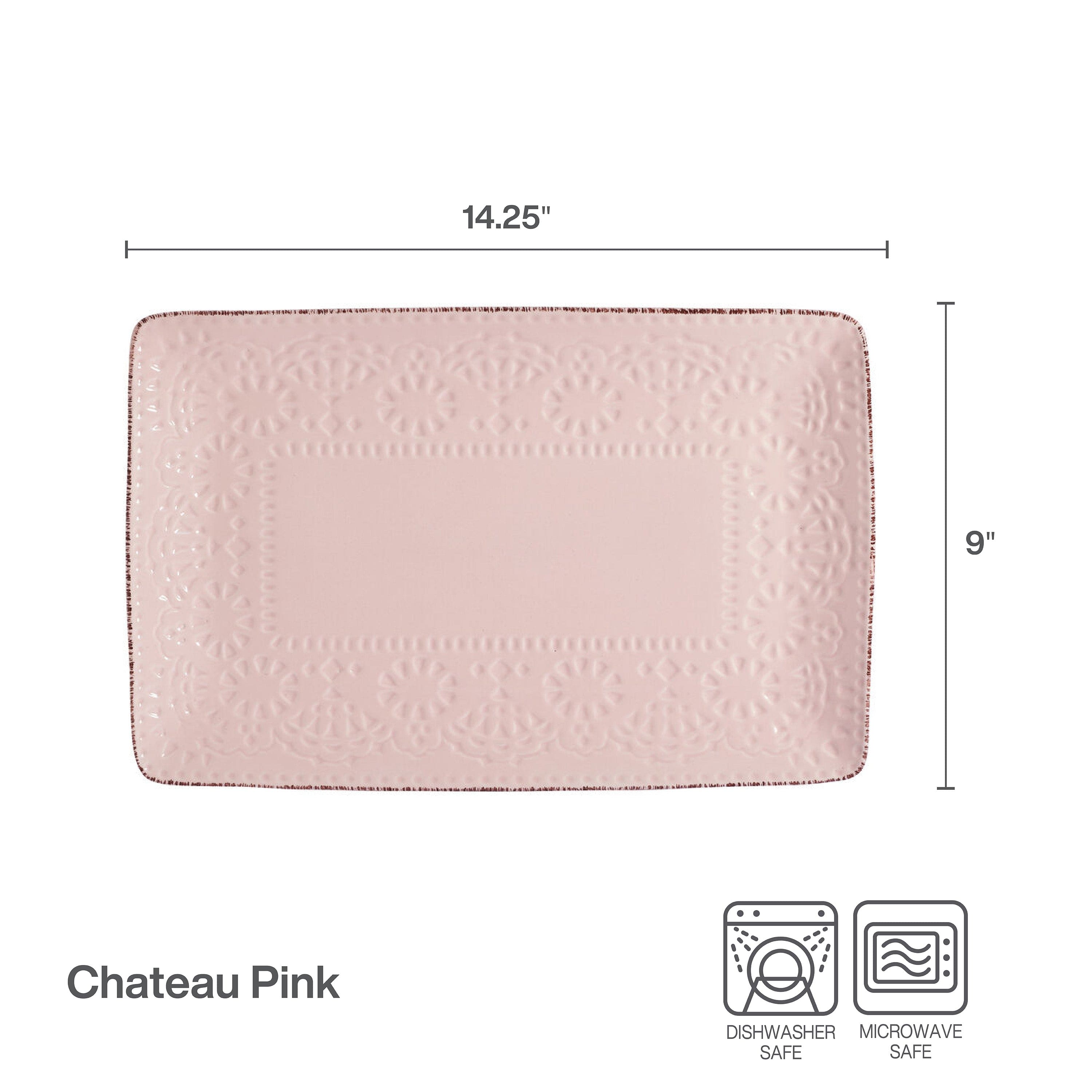 Pink stoneware rectangular serving platter with lace pattern, ideal for wedding receptions