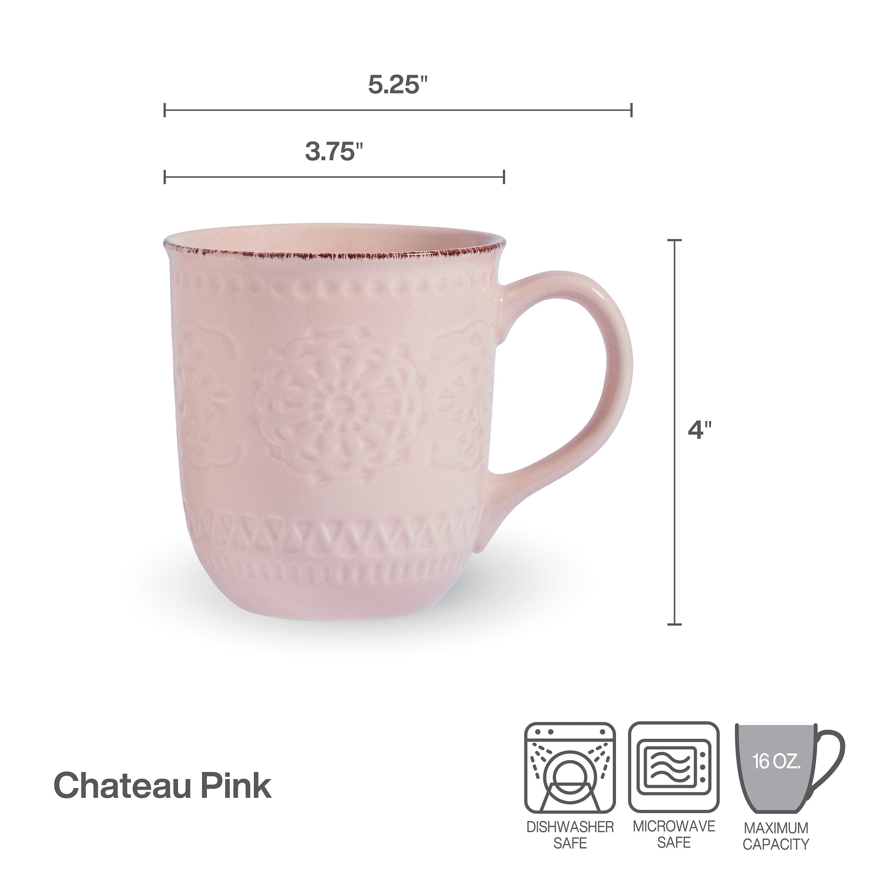 Side view of Chateau Pink stoneware mug showcasing its intricate dimpled pattern and antiqued rim.