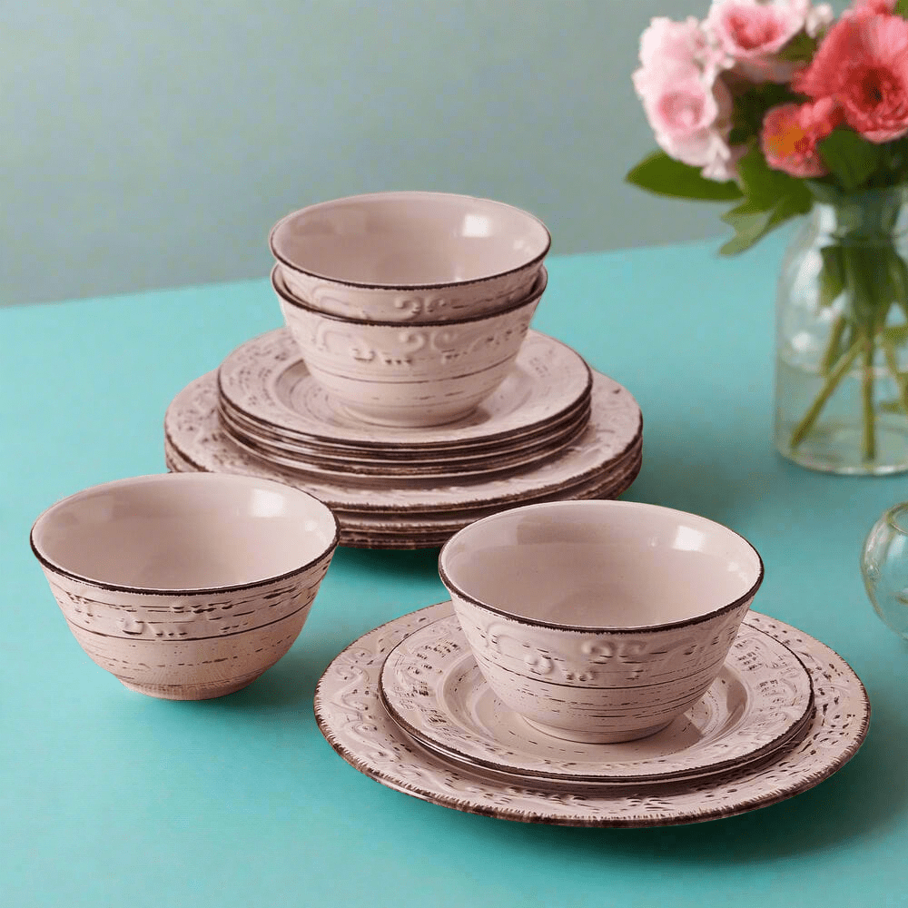 All-purpose bowl from the pink stoneware dinnerware set filled with fresh salad.