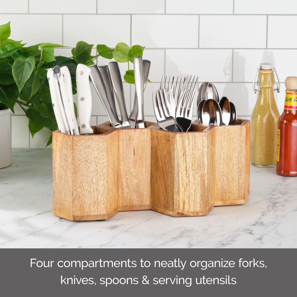 Modern mango wood utensil organizer on a dining table