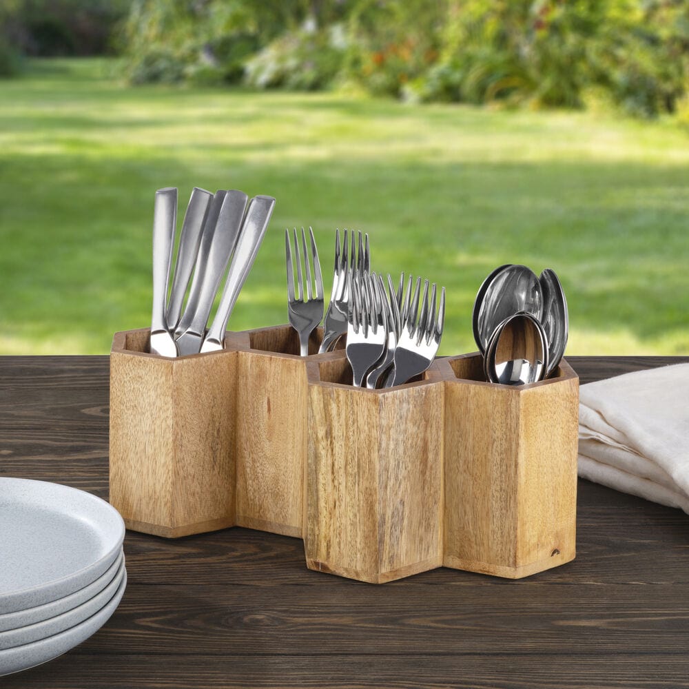 Close-up of hex mango wood flatware caddy with compartments for utensils