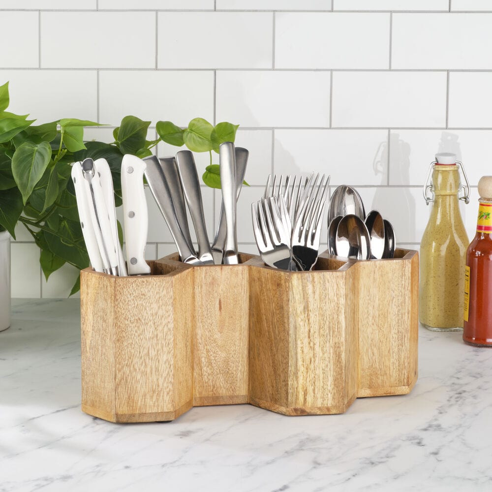 Close-up of hex mango wood flatware caddy with compartments for utensils