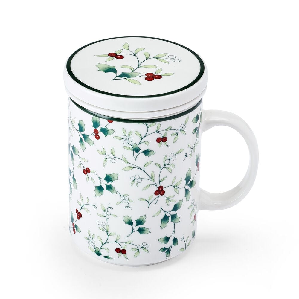 Gift box with porcelain tea mug with infuser and lid, ready for gifting