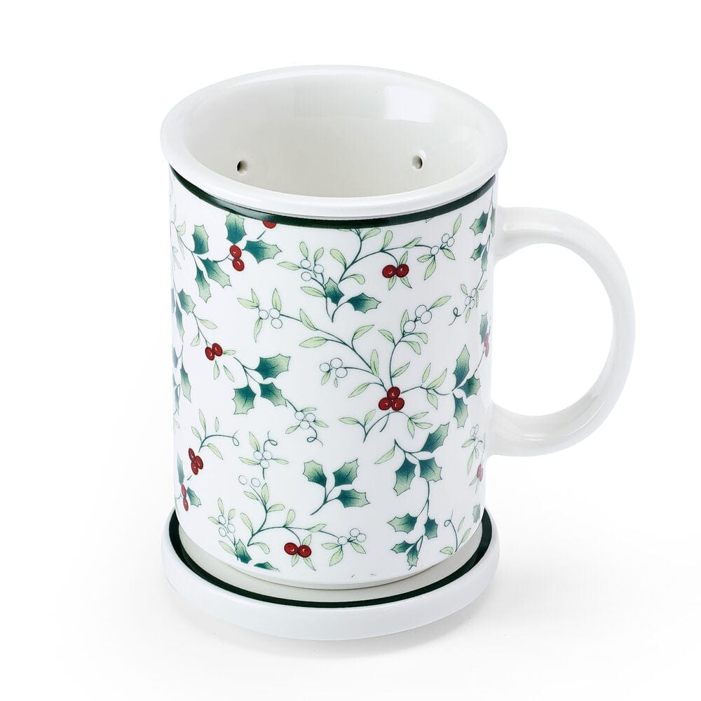 Gift box with porcelain tea mug with infuser and lid, ready for gifting