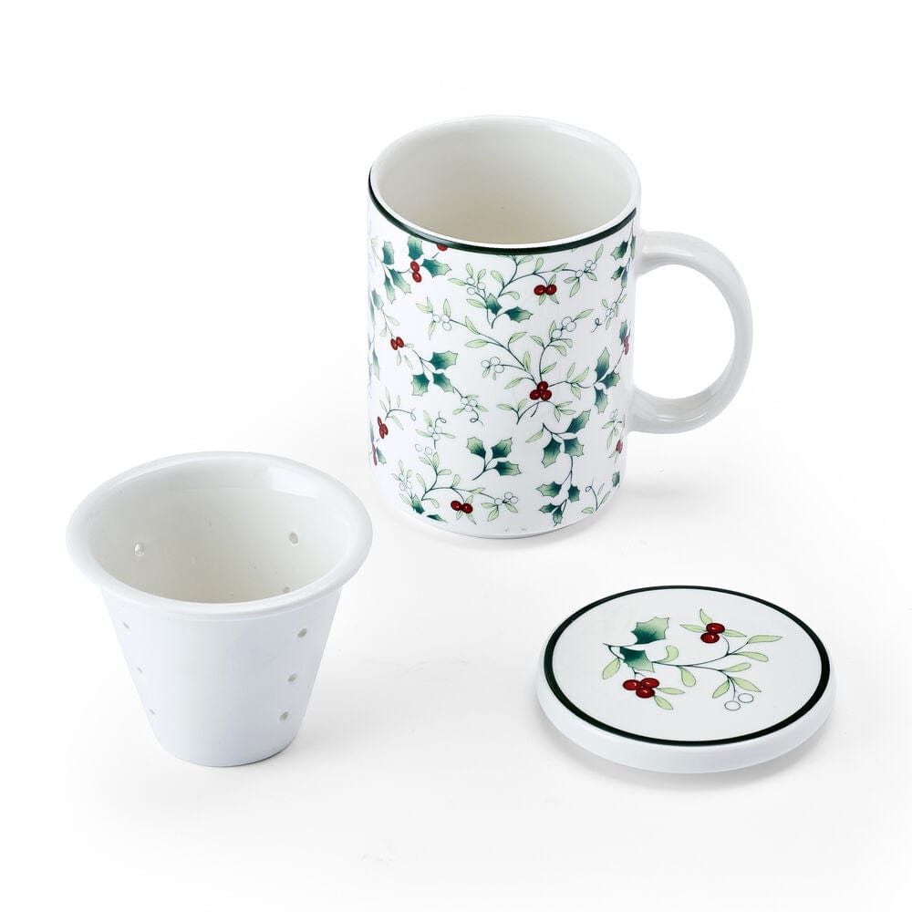 Close-up of tea infuser in porcelain mug, brewing loose leaf tea