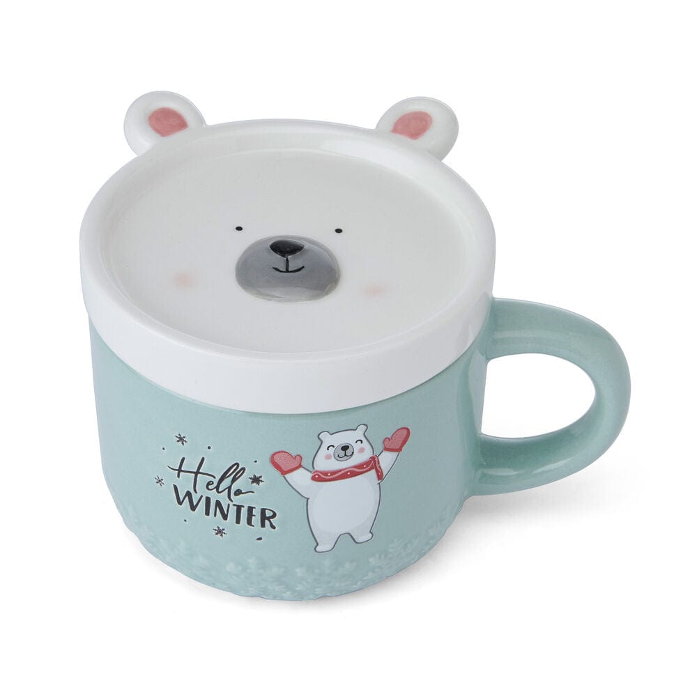 Whimsical polar bear mug in a cozy kitchen setting.