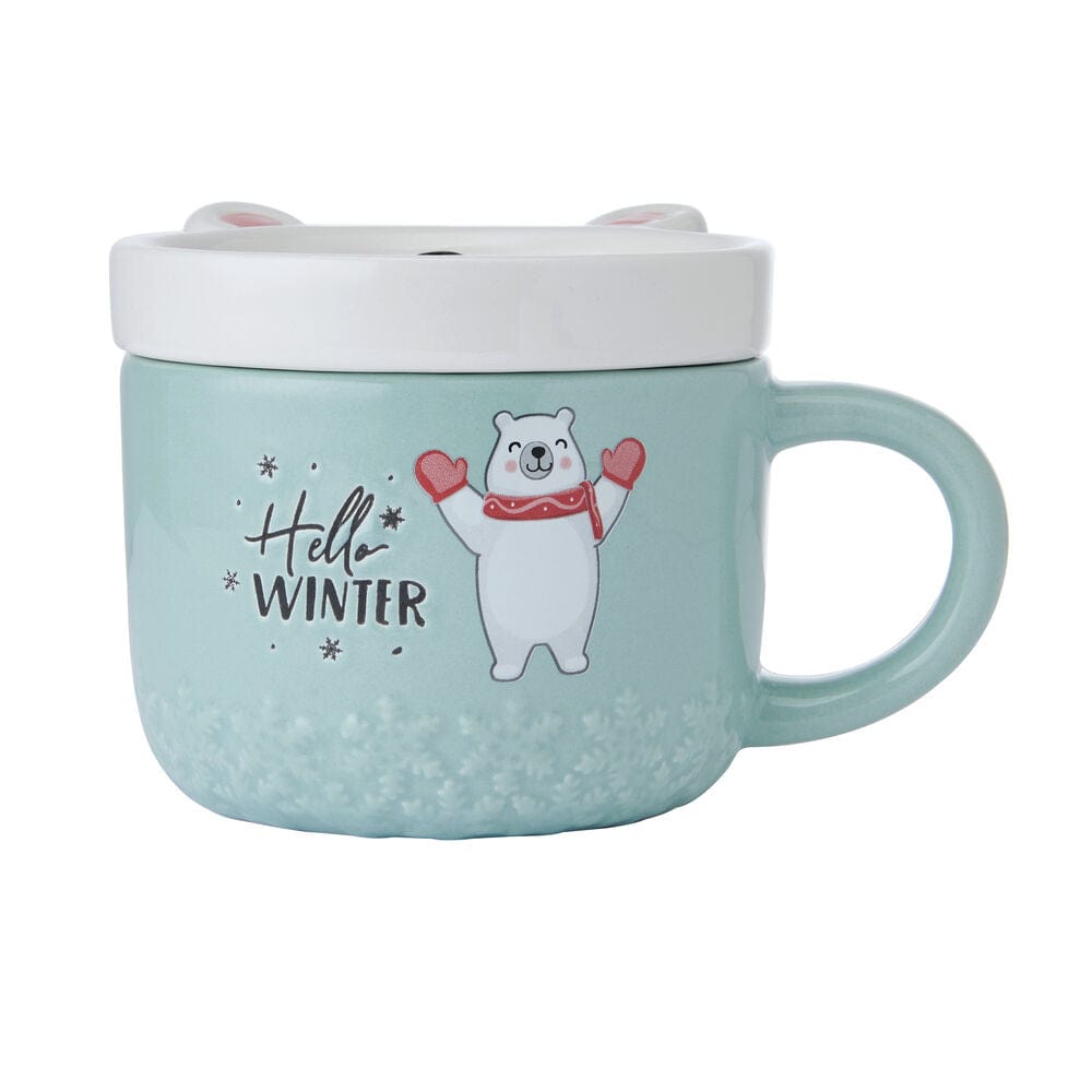 Charming polar bear coffee mug with lid, showing playful decal.
