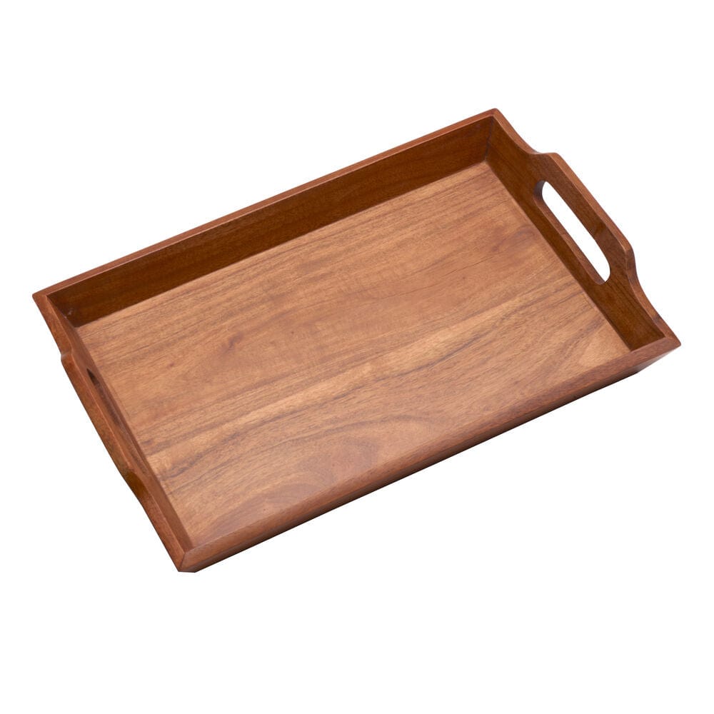 Decorative acacia wood tray used outdoors during a garden party