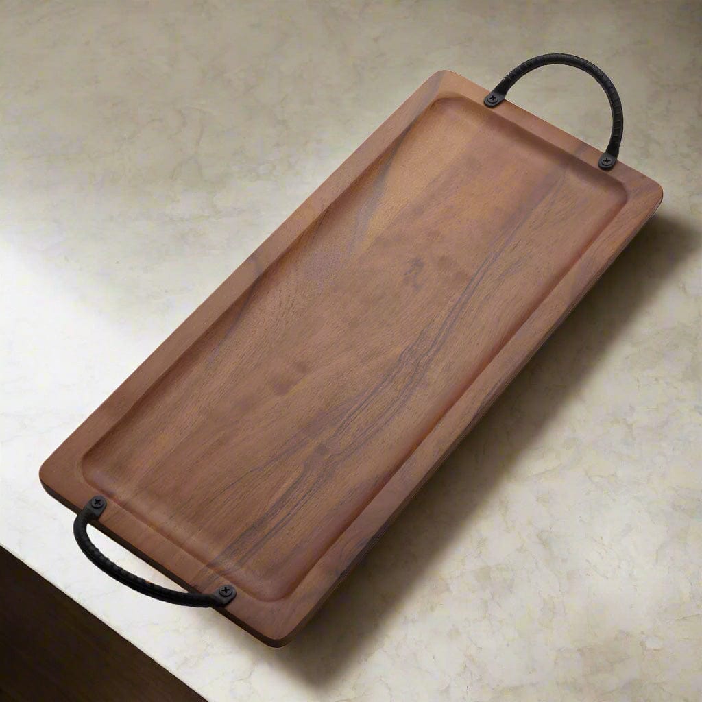 Close-up of acacia wood serving tray with sturdy handles for easy carrying