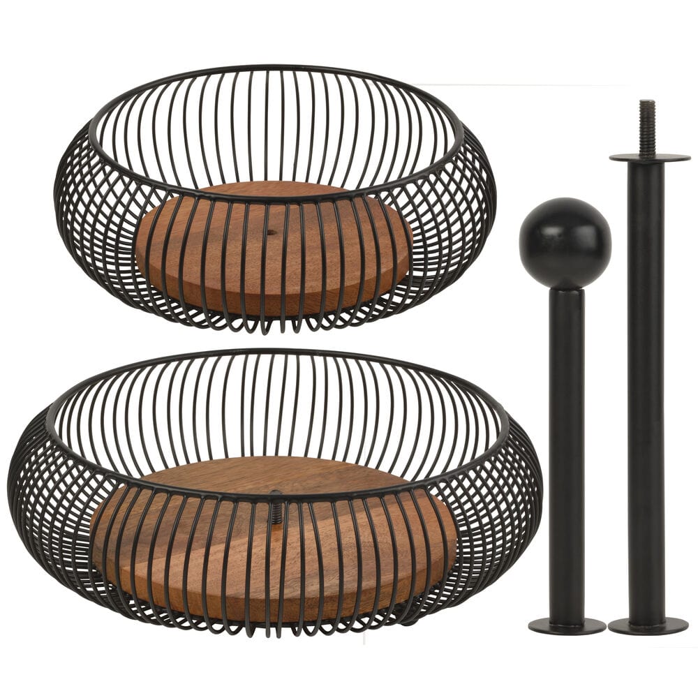 Close-up of iron and mango wood tiered basket with open-wire design for kitchen storage