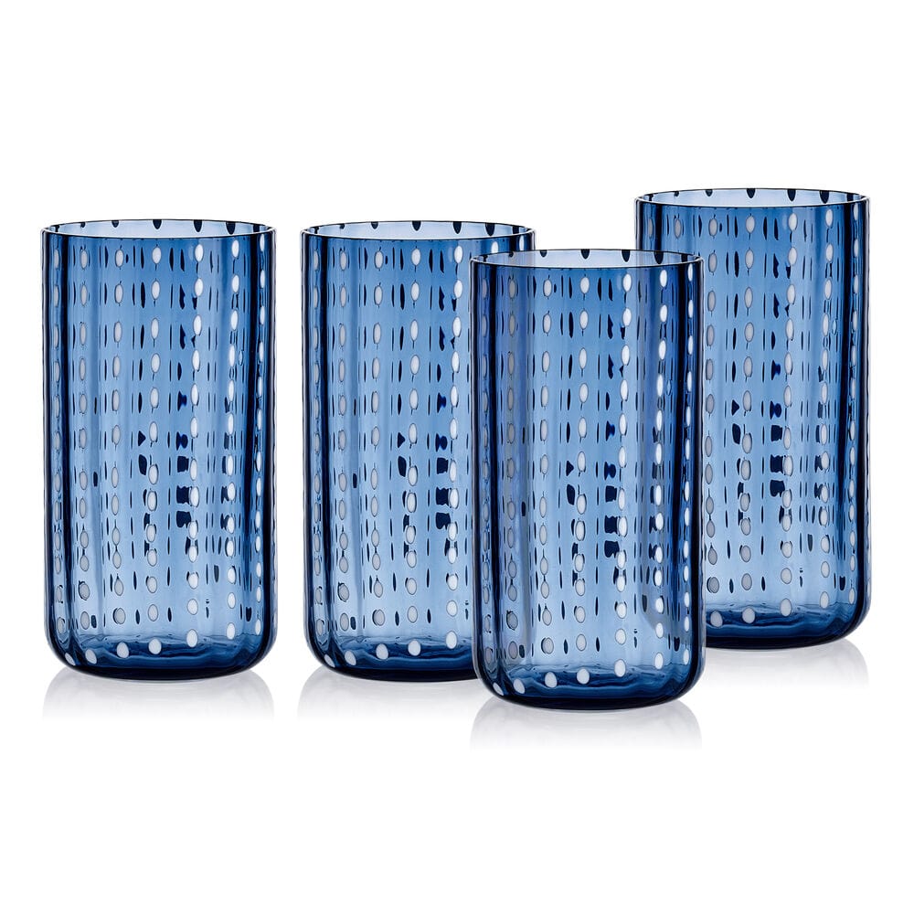 Cobalt dappled clouds highball glass showcasing vibrant colors and dotted details.