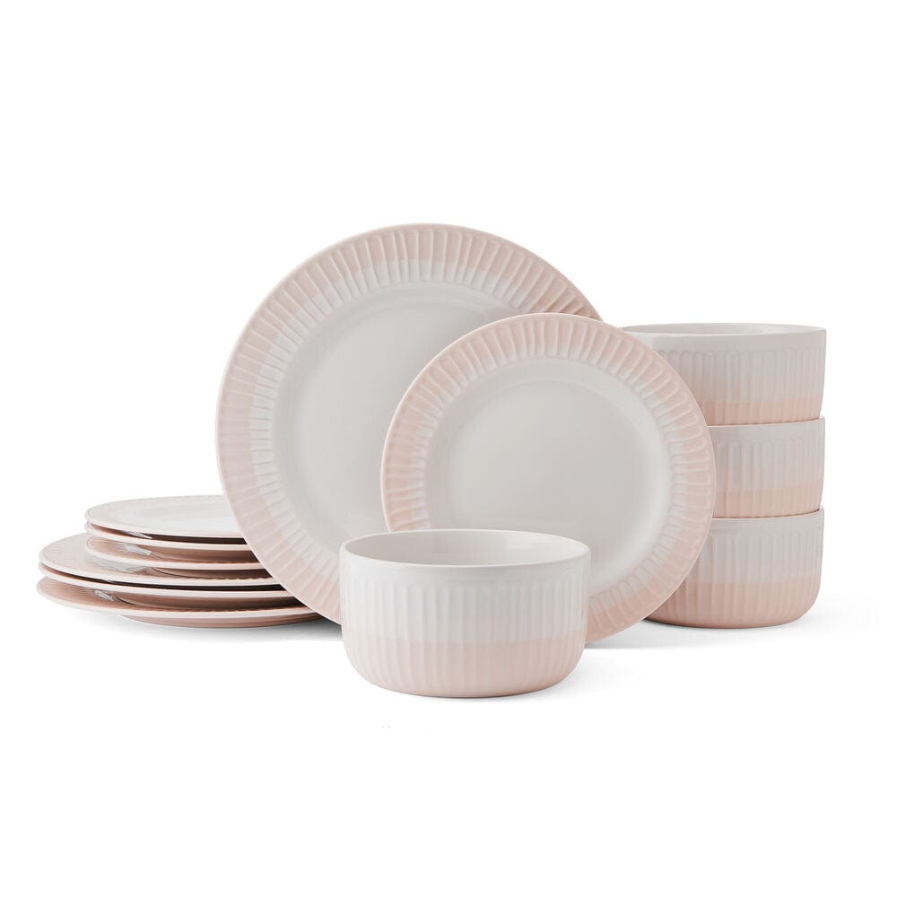 Family setting with stylish blush stoneware dinner plates and bowls