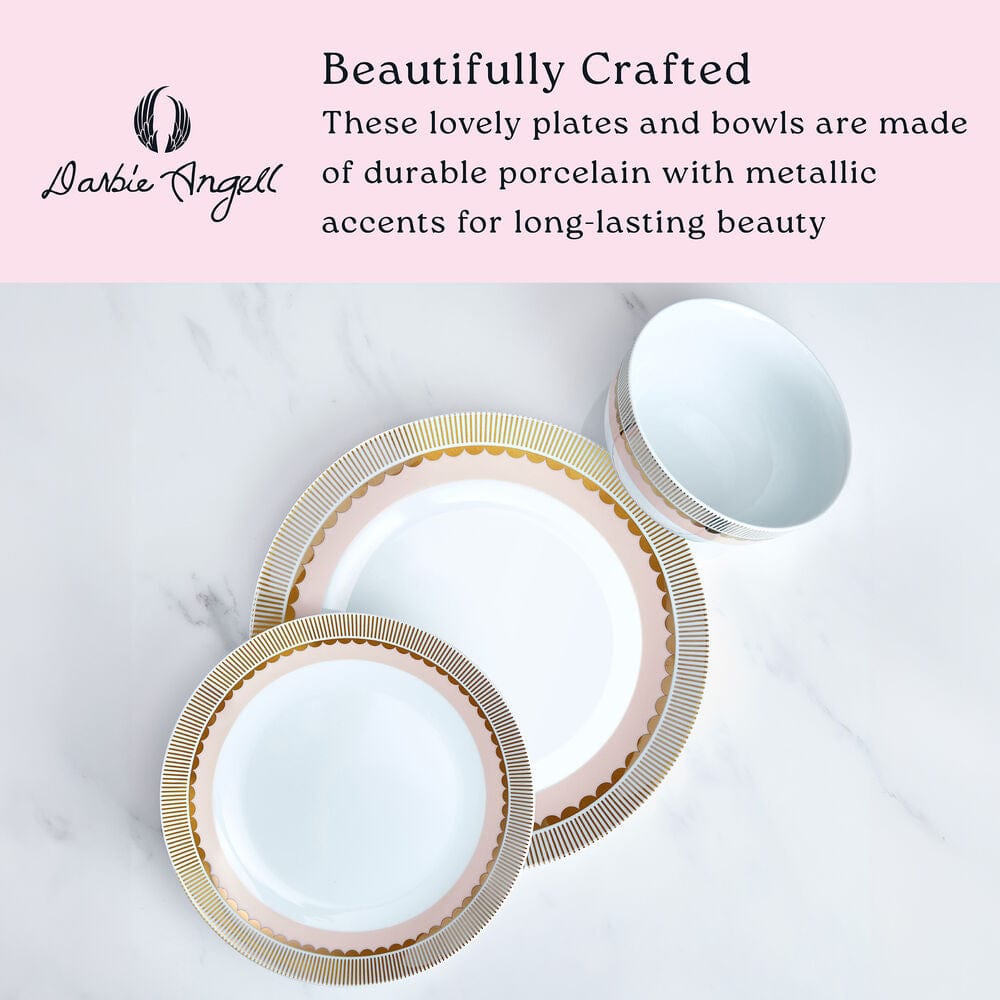 Close-up of gold and blush porcelain dinner plates with metallic rims
