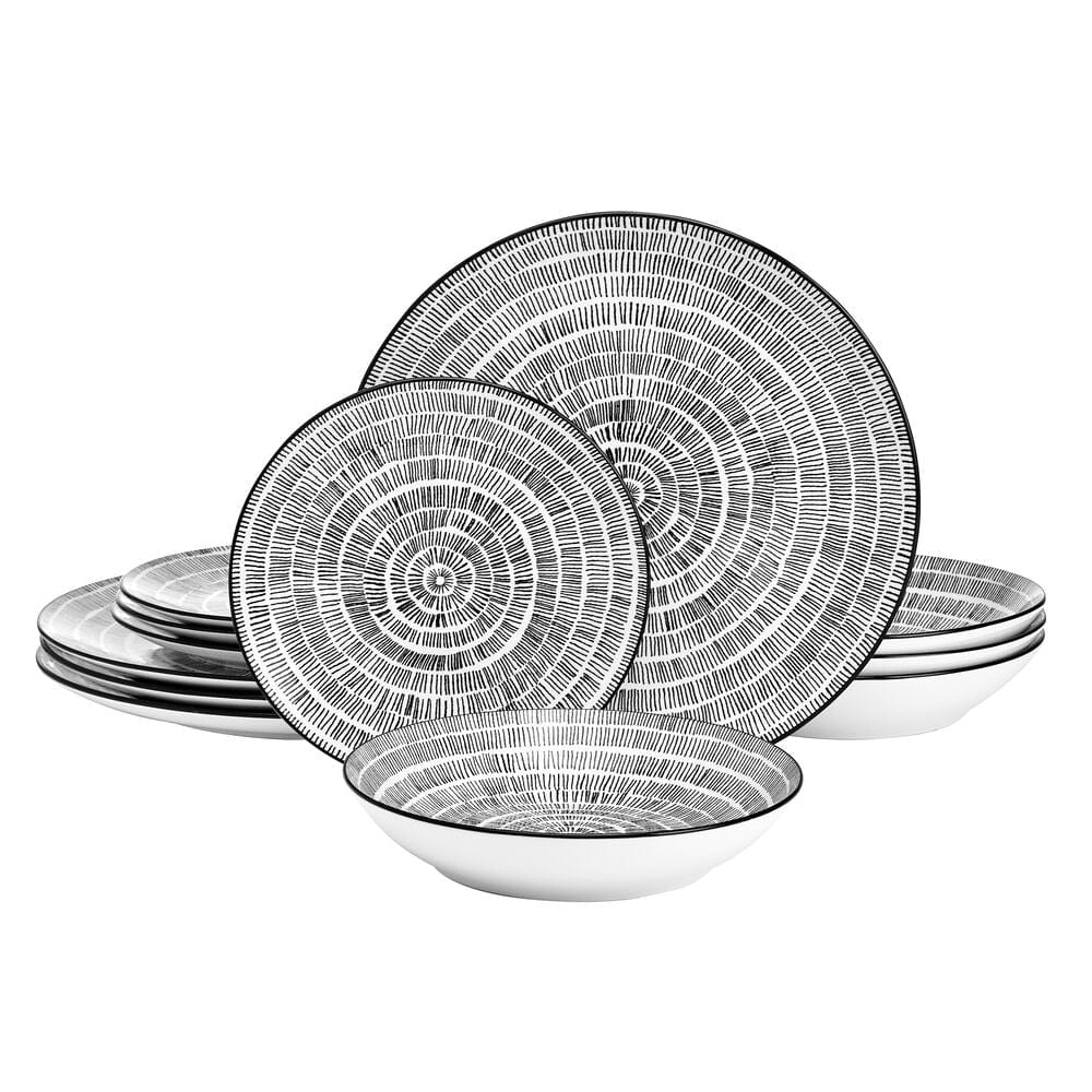 All-purpose bowls and plates from the Sketch Serenade dinnerware collection, showcasing organic line patterns