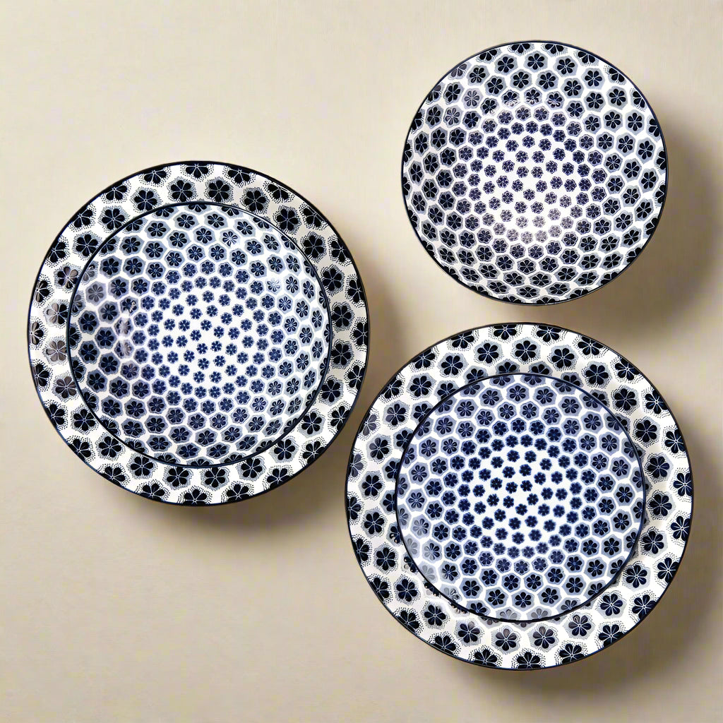 Modern dinner plates with floral pattern, showcasing vibrant colors and intricate designs.