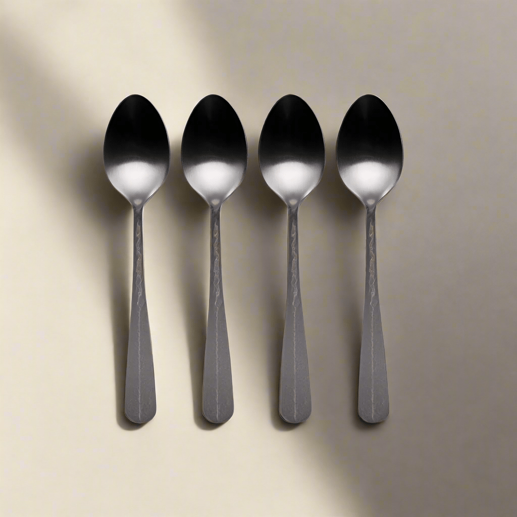 Flat-lay of four black mini coffee spoons with hammered handles on marble backdrop