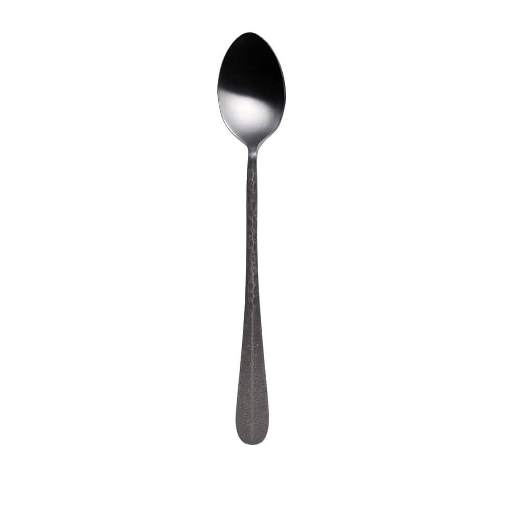 A close-up of Sable Black long handled spoon, highlighting its hammered texture.