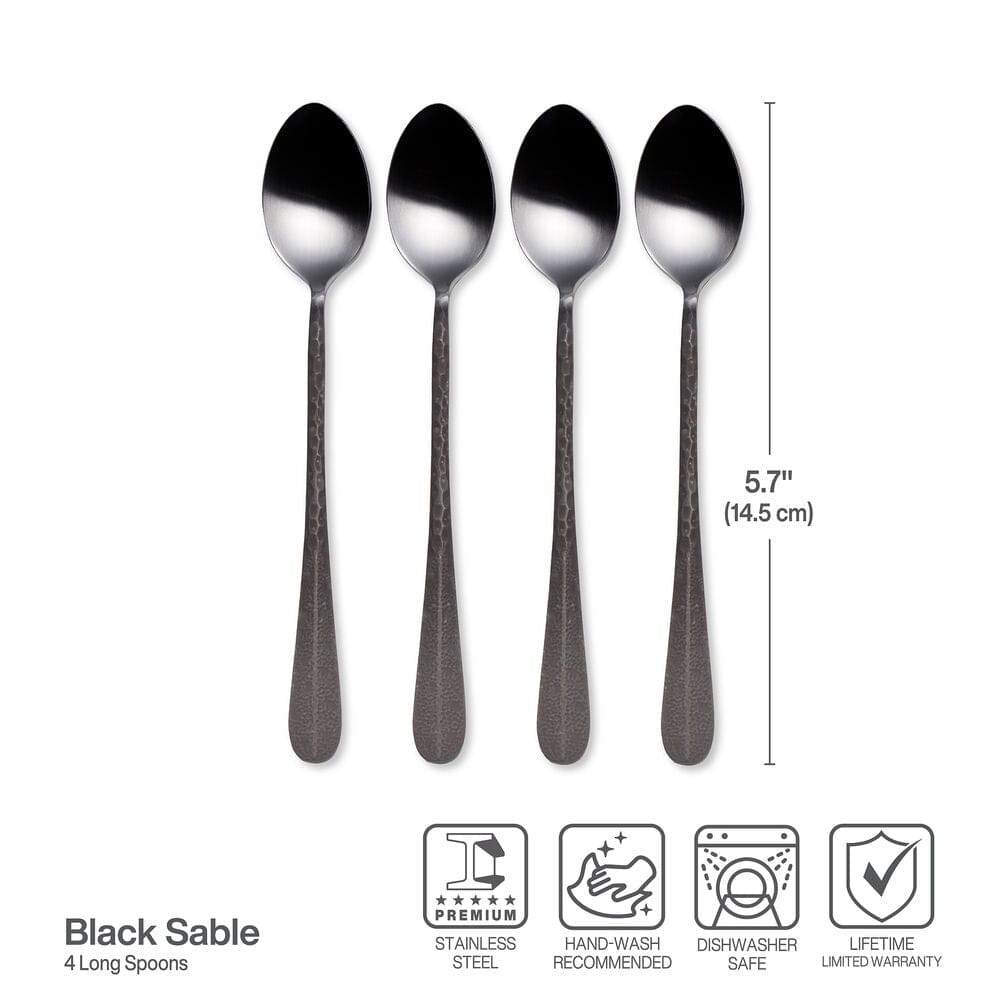 Sable Black hammered spoon in use, serving delicious food during a dinner party.