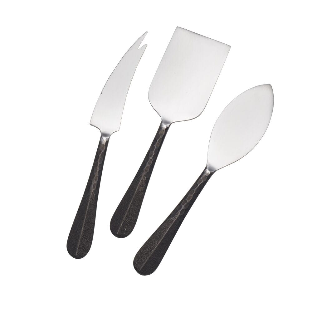 Close-up of the Sable Black cheese knives showcasing their hammered design.