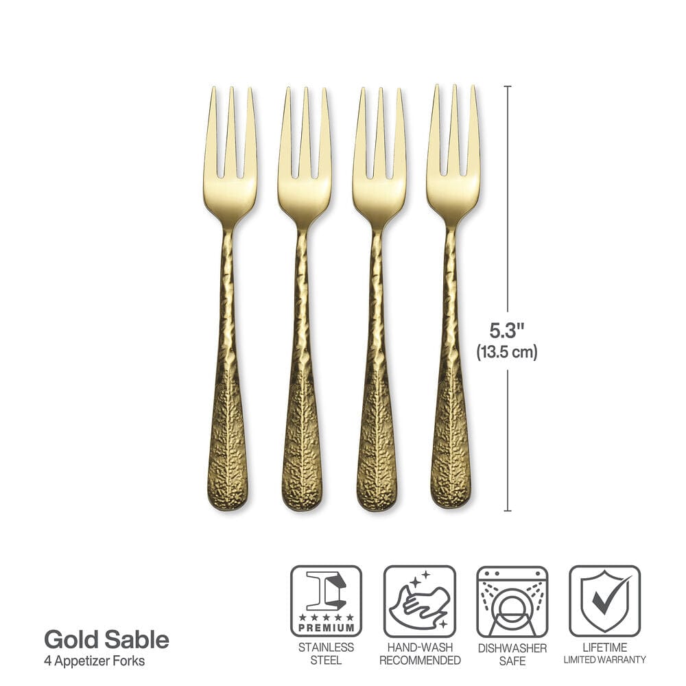Set of four gold appetizer forks with a shiny finish, ideal for entertaining