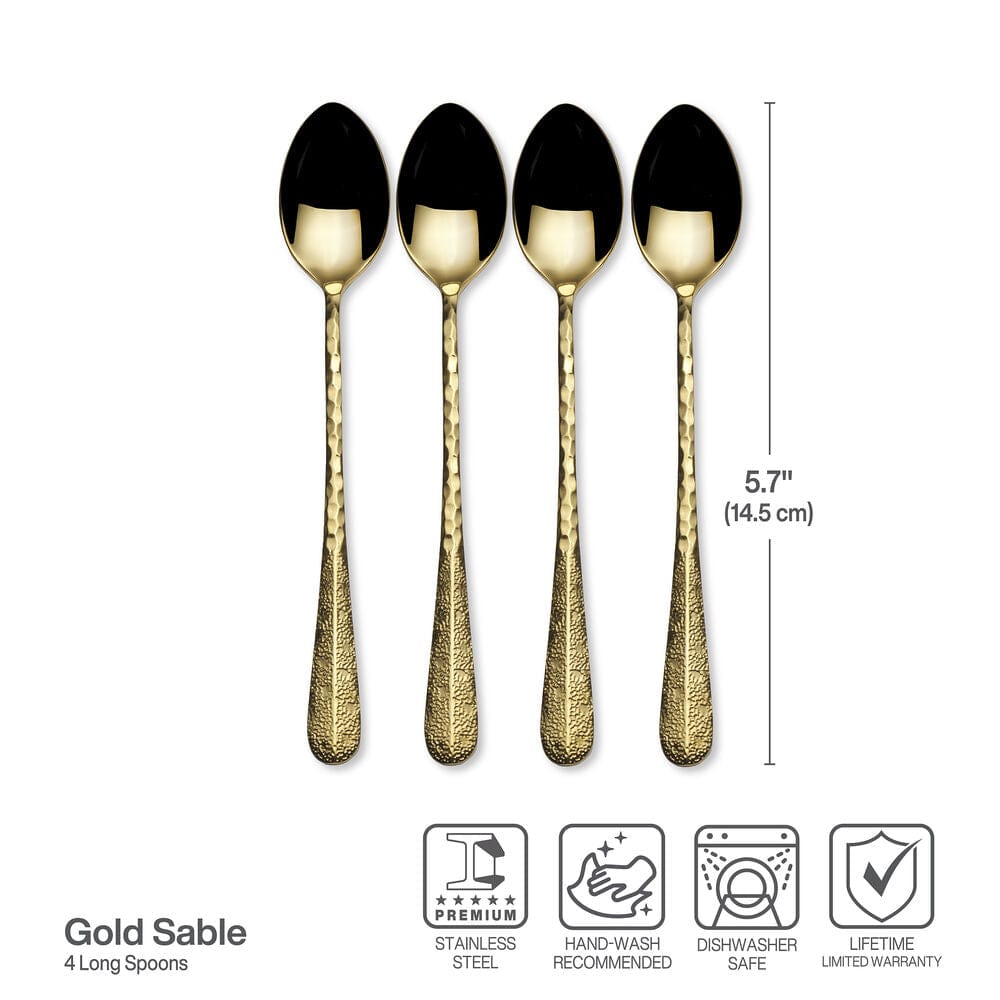 Elegant gold long handle silverware set with hammered texture