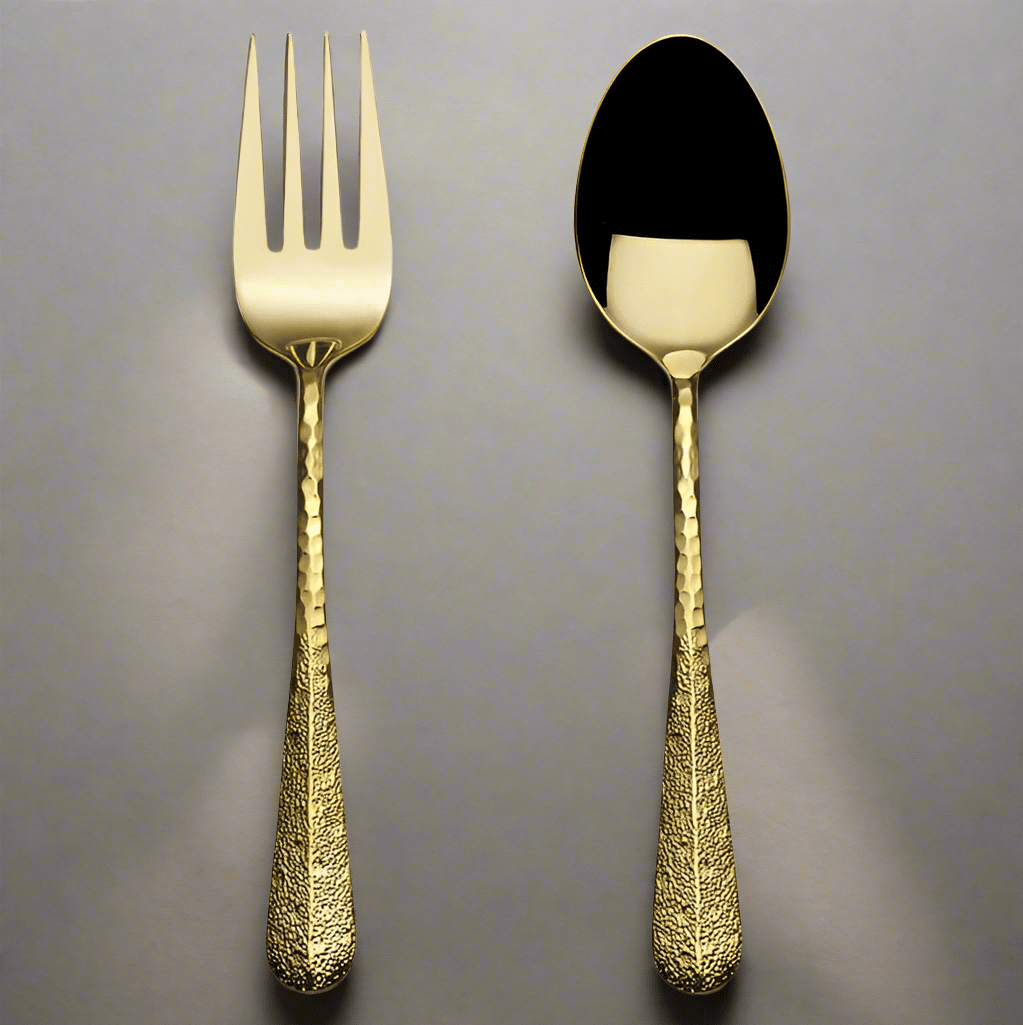 Close-up view of the elegant gold serving spoon showcasing the hammered texture.