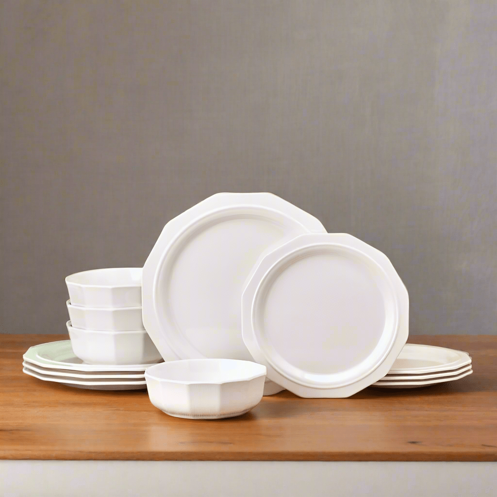 Close-up of geometric patterned melamine dinnerware on patio table