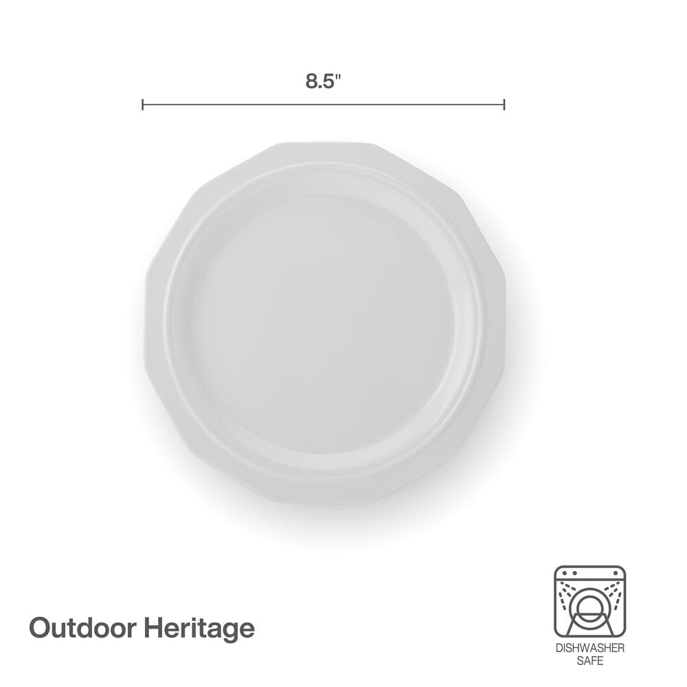 Close-up view of the 12-sided heritage outdoor plates against a natural backdrop.