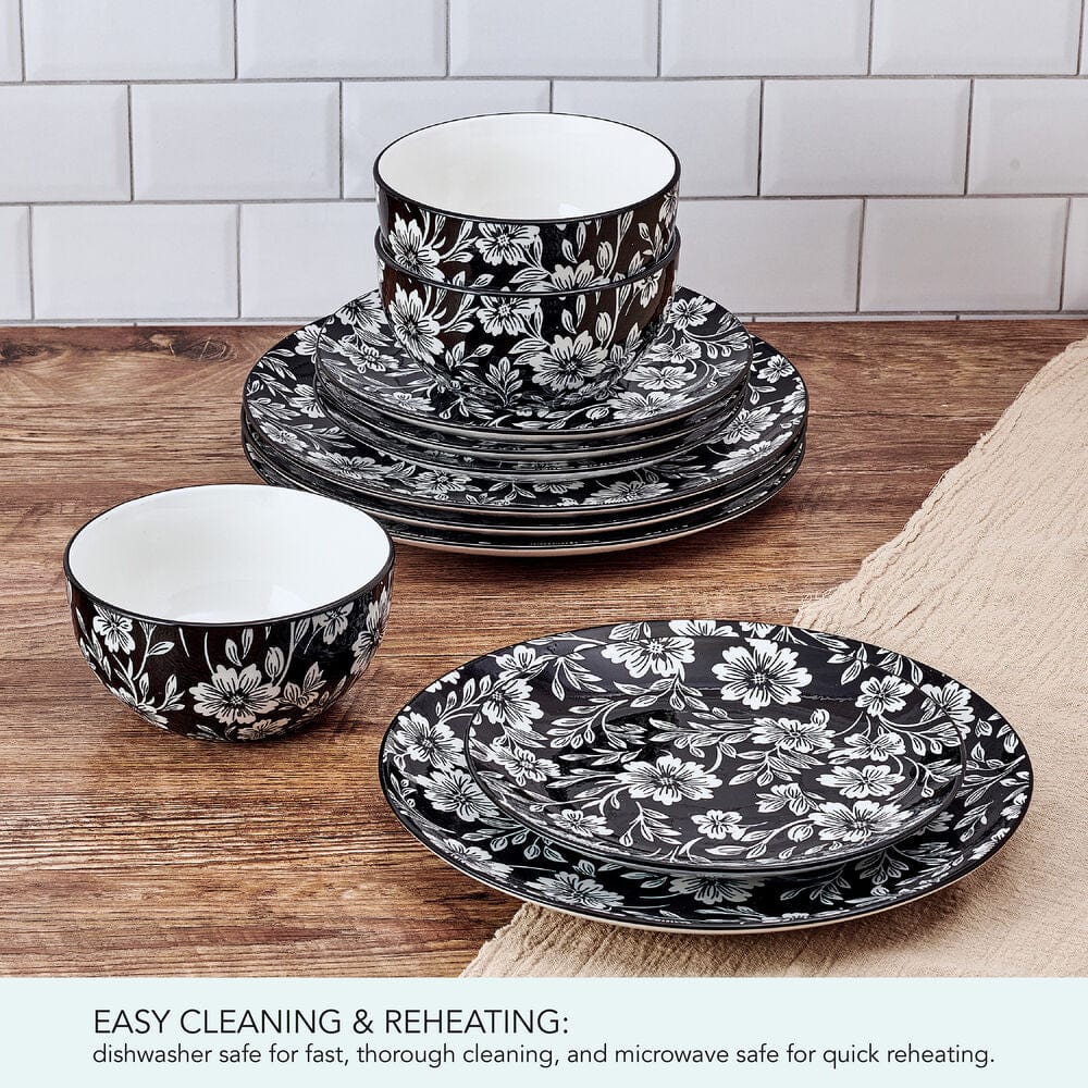 Elegant table setting with Midnight Blooms dinnerware set for four, ideal for entertaining guests