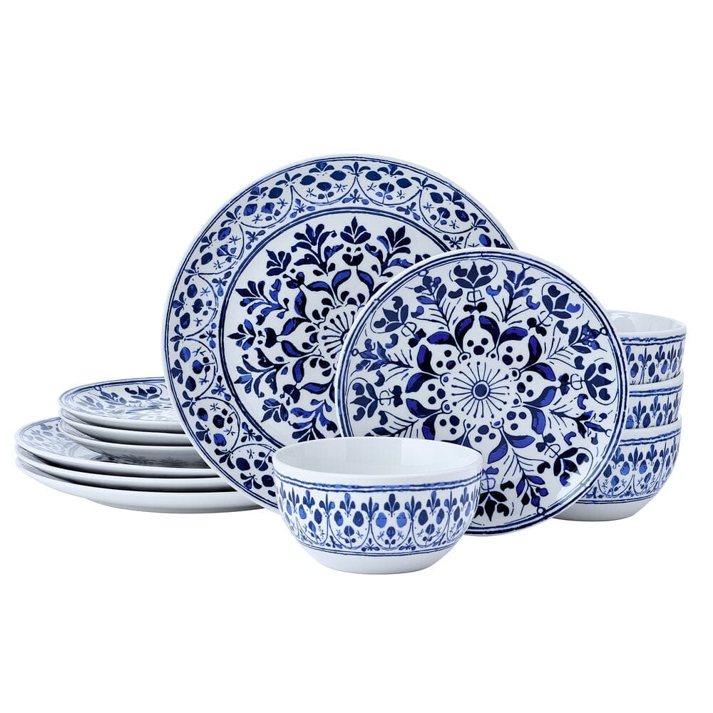 Close-up of floral medallion design on dinner plates for entertaining