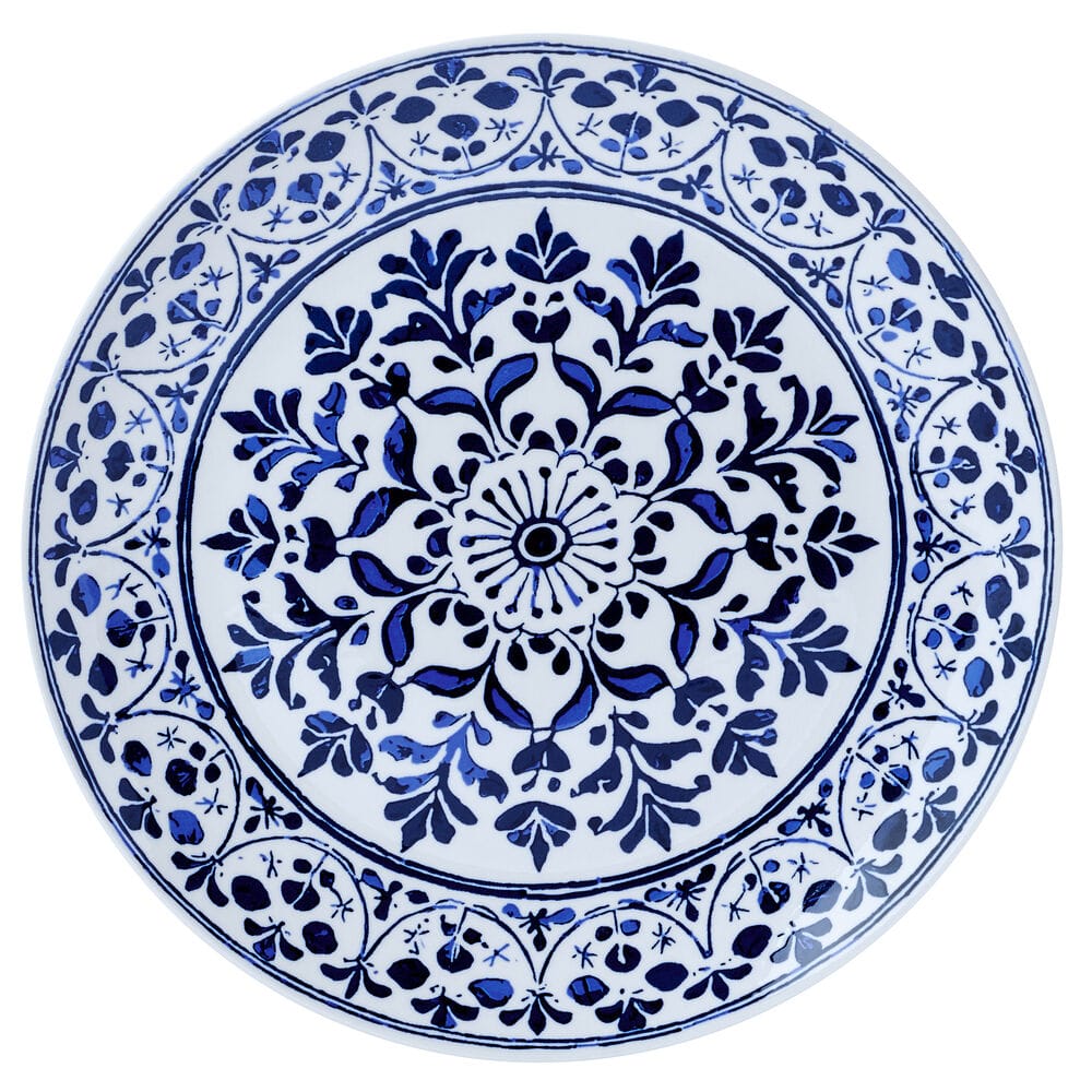 Close-up of floral medallion design on dinner plates for entertaining