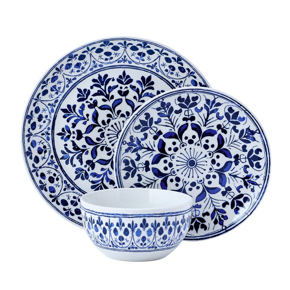 Close-up of floral medallion design on dinner plates for entertaining